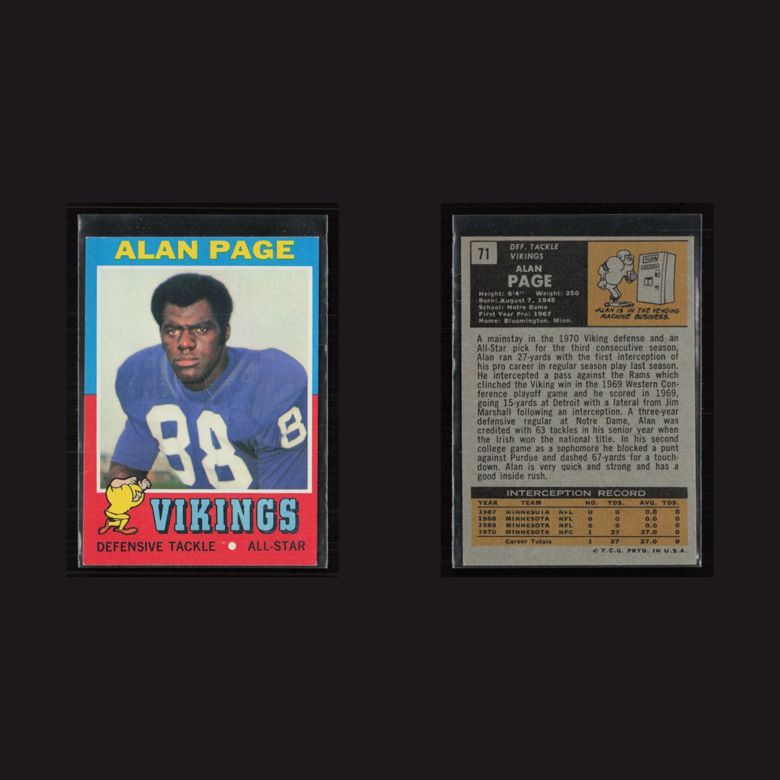 1971 Topps #71 Alan Page -EX (MC) Set Break! front and back scans
