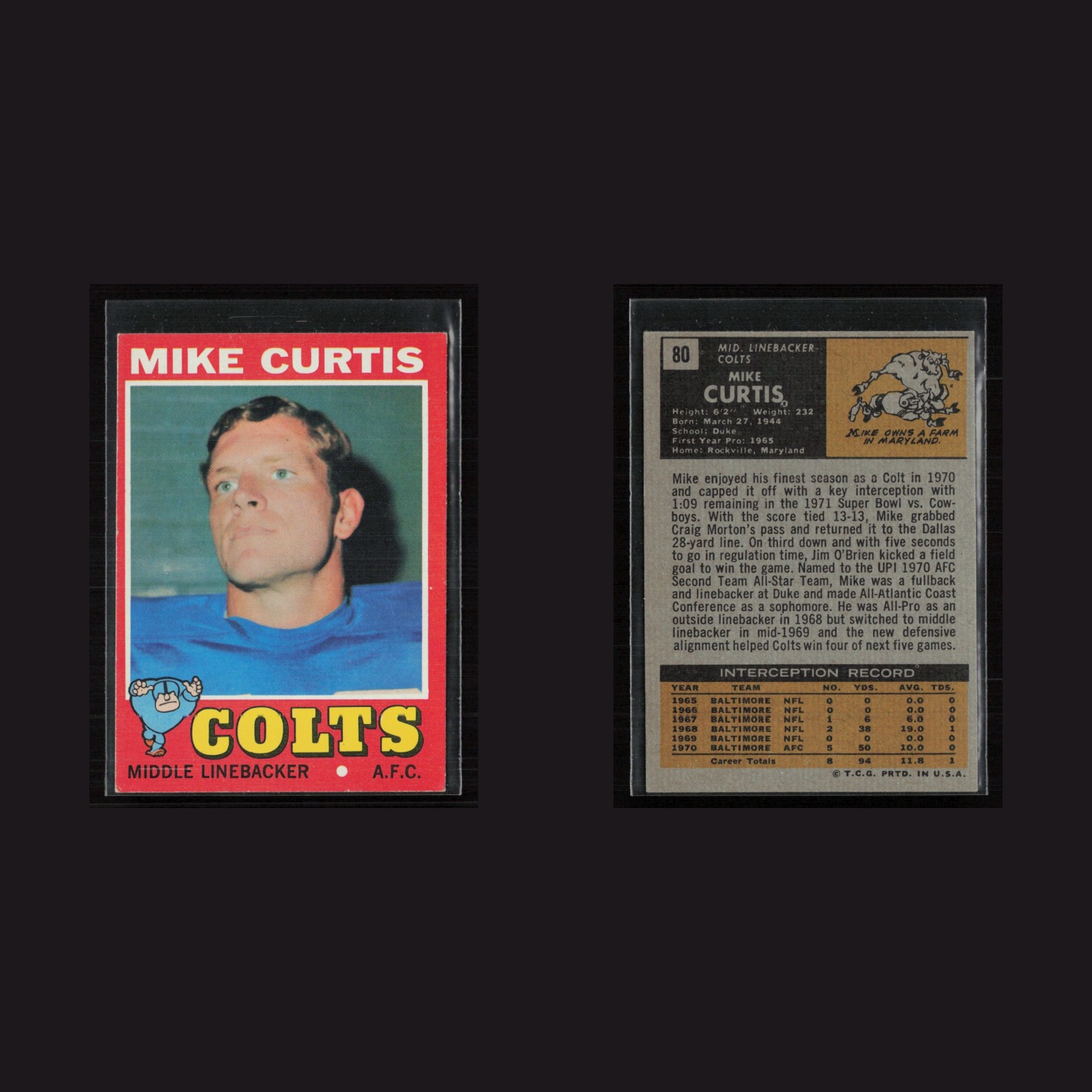 1971 Topps #80 Mike Curtis -EX+ Set Break! front and back scans