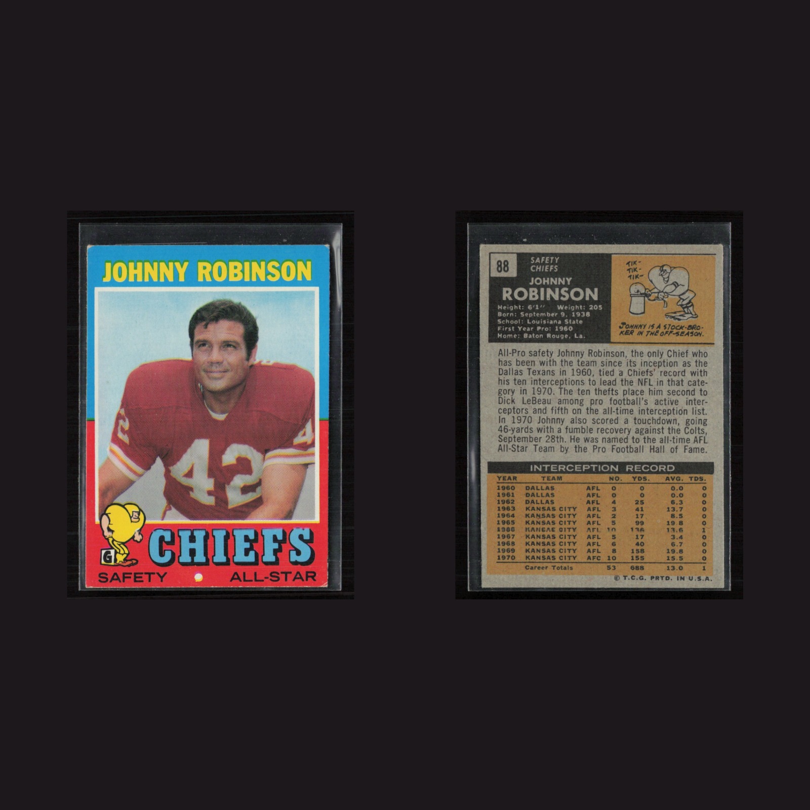 1971 Topps #88 Johnny Robinson -EX Set Break! front and back scans