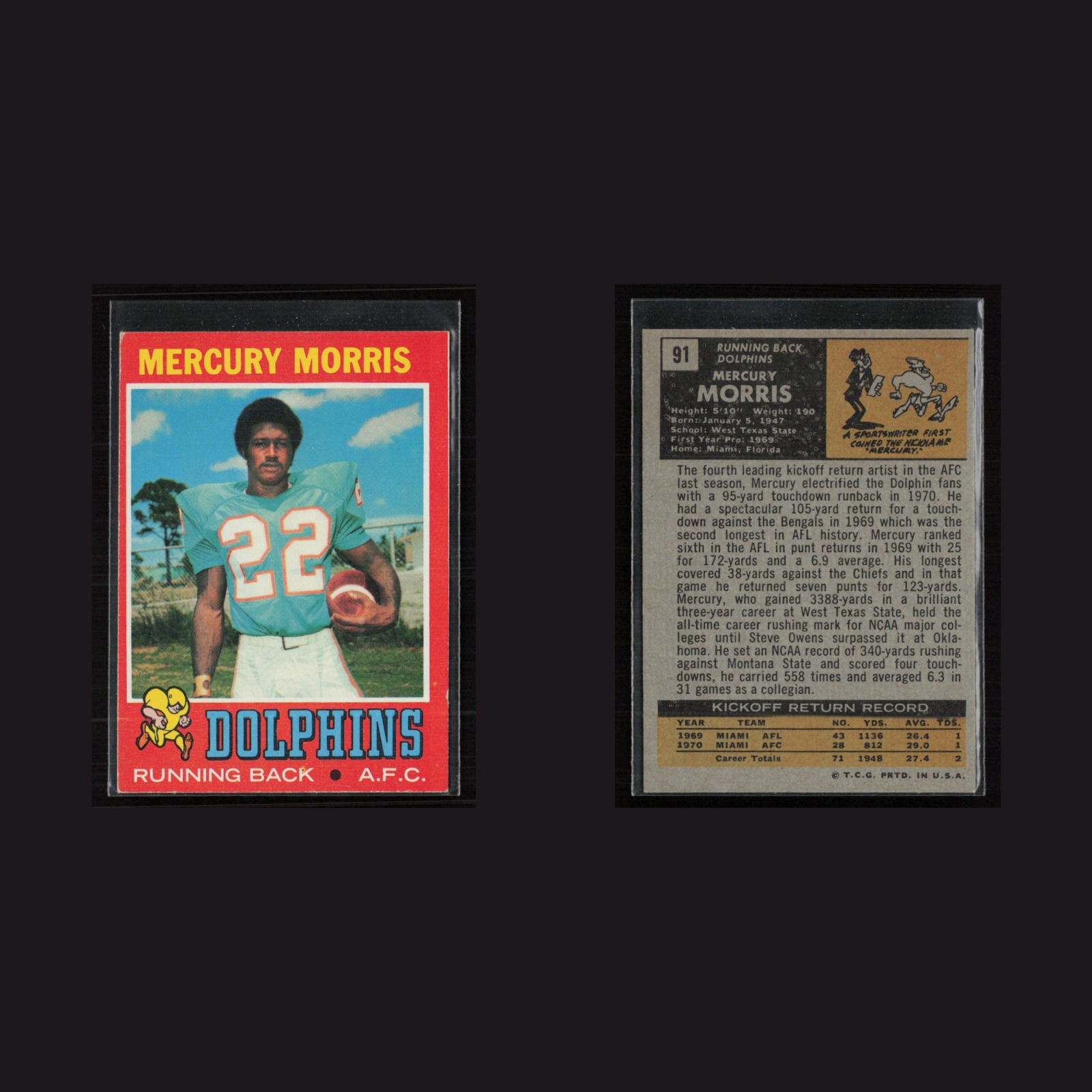 1971 Topps #91 Mercury Morris -EX+ Set Break! front and back scans
