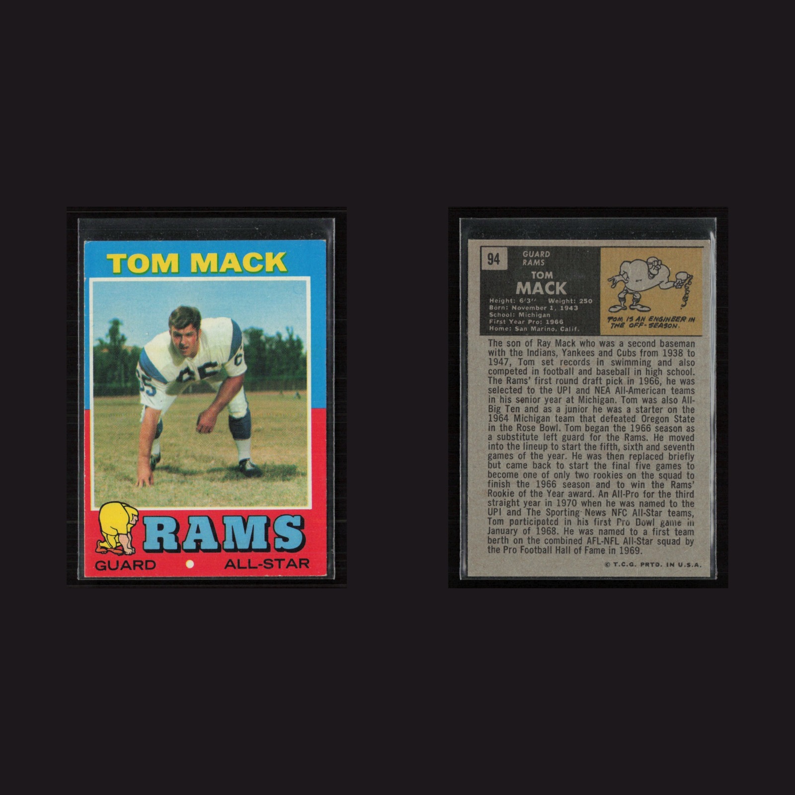 1971 Topps #94 Tom Mack -EX+ Set Break! front and back scans
