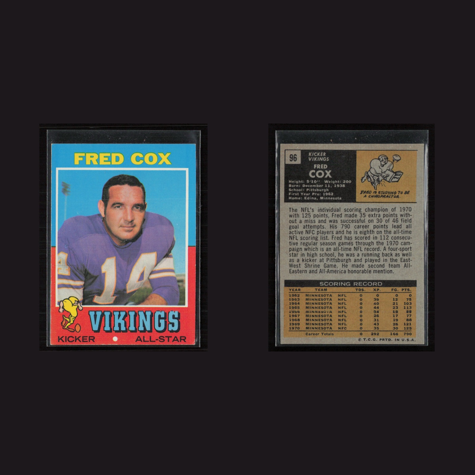1971 Topps #96 Fred Cox -EX Set Break! front and back scans