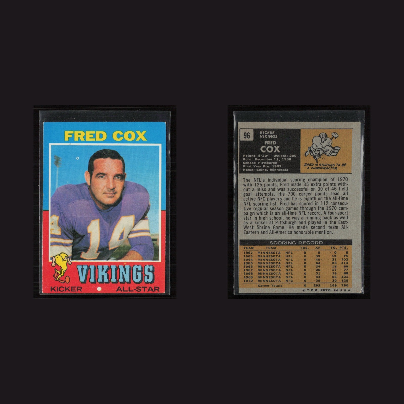 1971 Topps #96 Fred Cox -EX (MC) Set Break! front and back scans