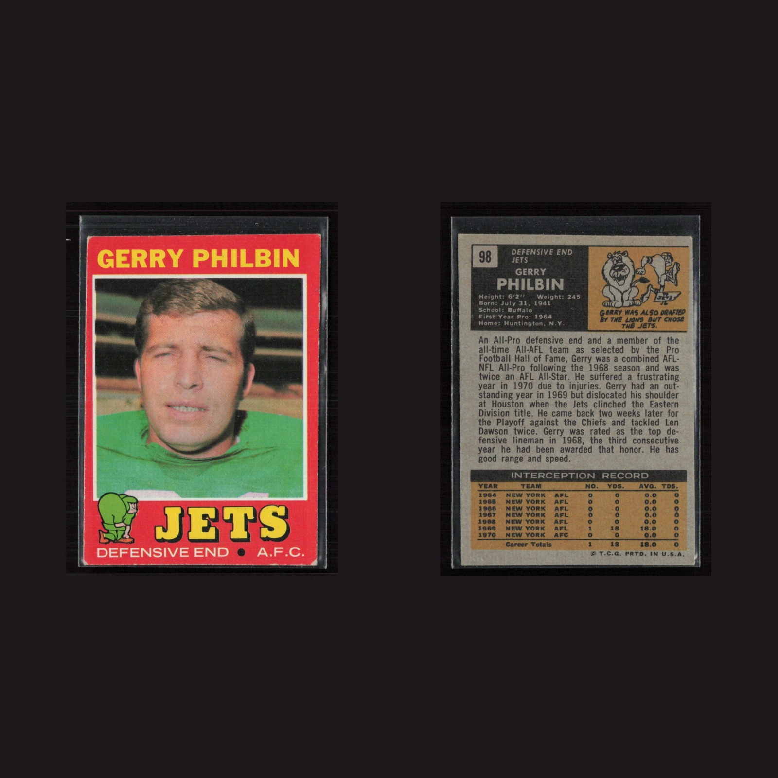 1971 Topps #98 Gerry Philbin -EX+ Set Break! front and back scans