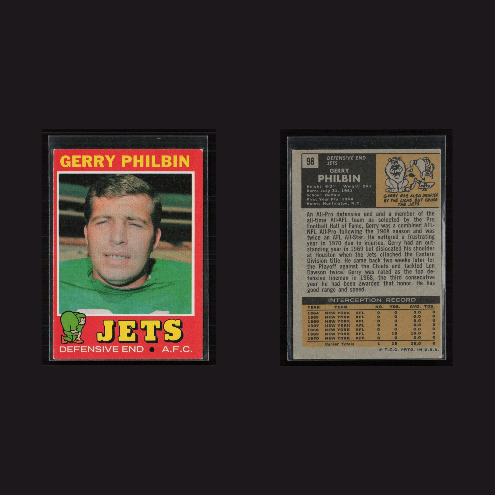 1971 Topps #98 Gerry Philbin -EX/MT Set Break! front and back scans