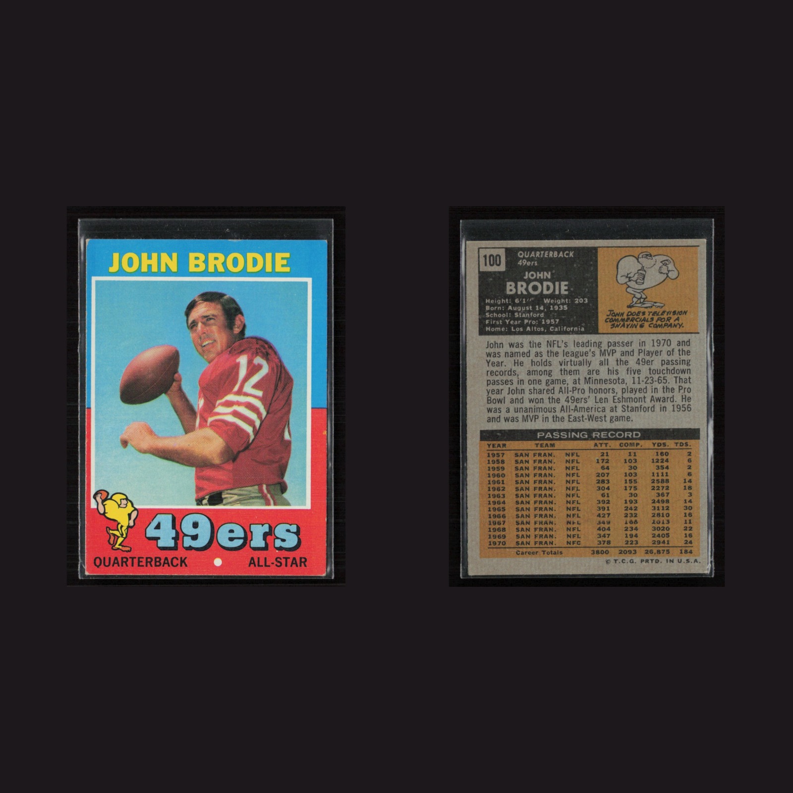1971 Topps #100 John Brodie -EX+ Set Break! front and back scans