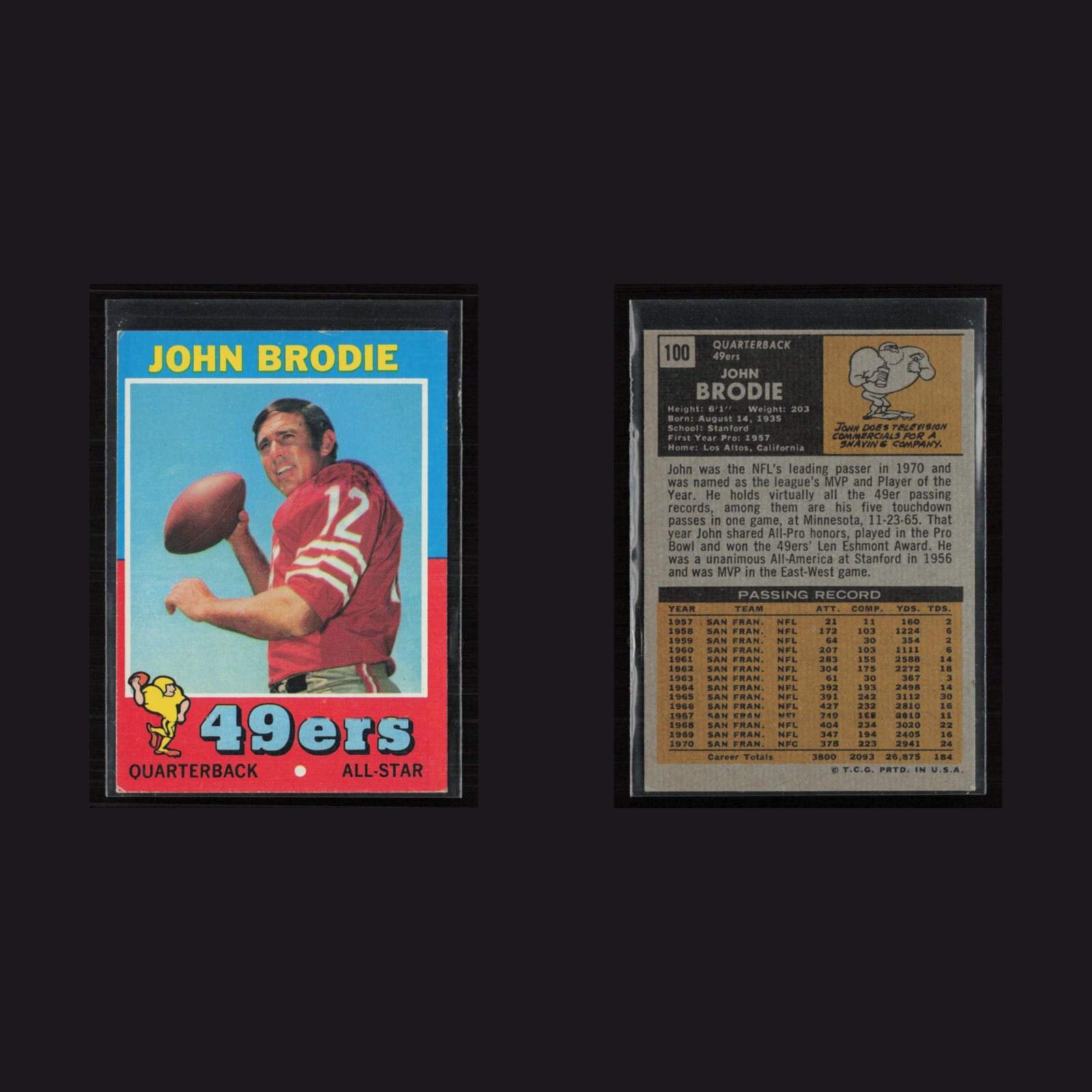 1971 Topps #100 John Brodie -EX Set Break! front and back scans
