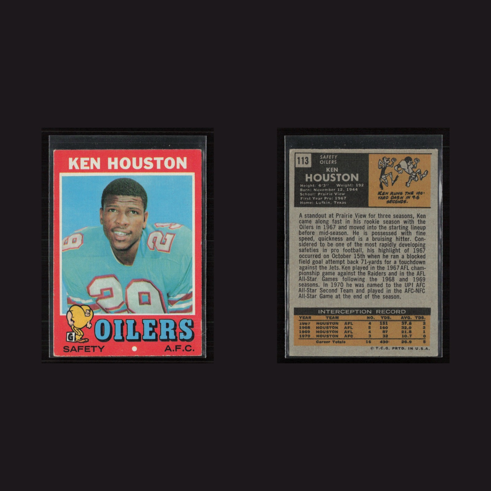 1971 Topps #113 Ken Houston -EX/MT Set Break! front and back scans