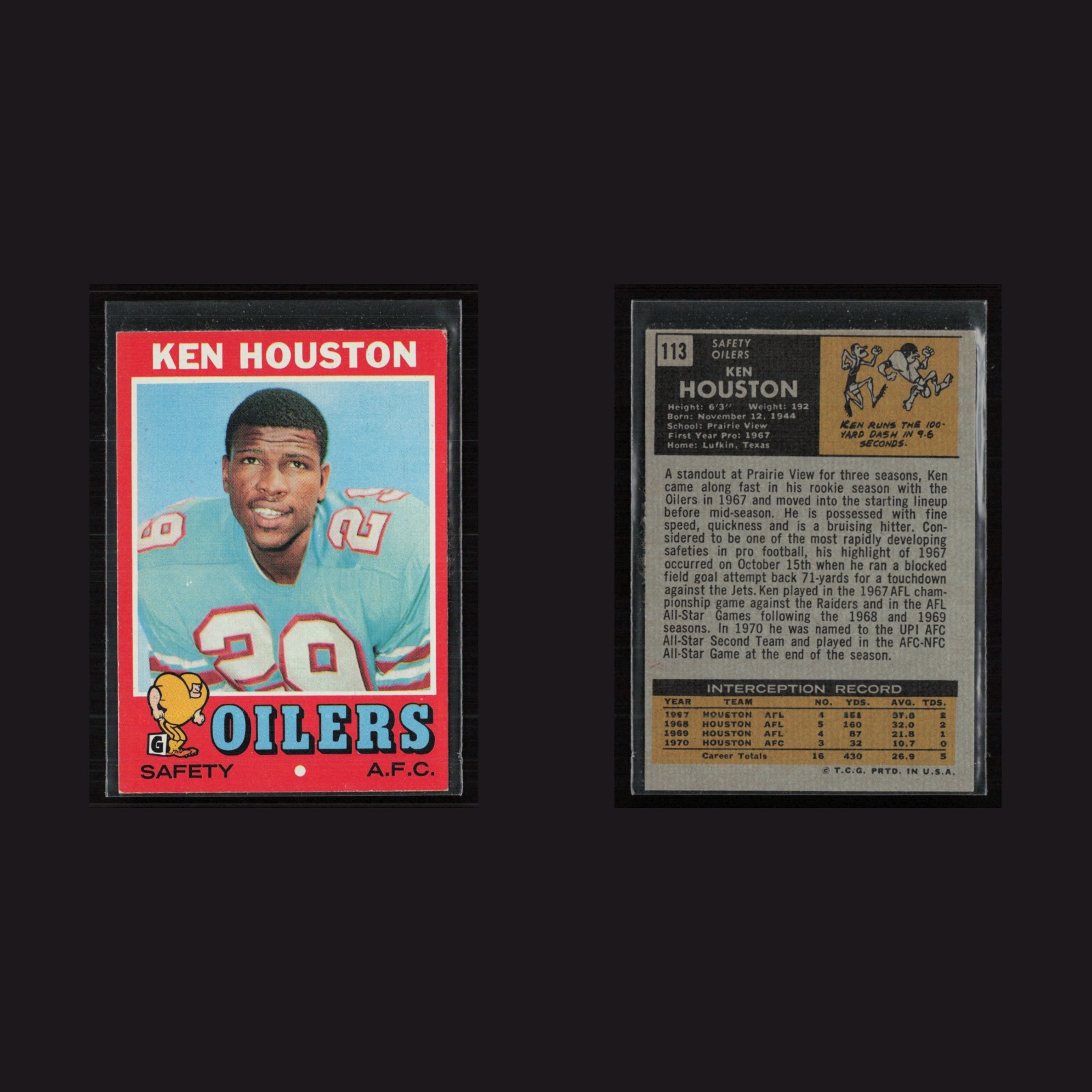 1971 Topps #113 Ken Houston -EX/NM Set Break! front and back scans