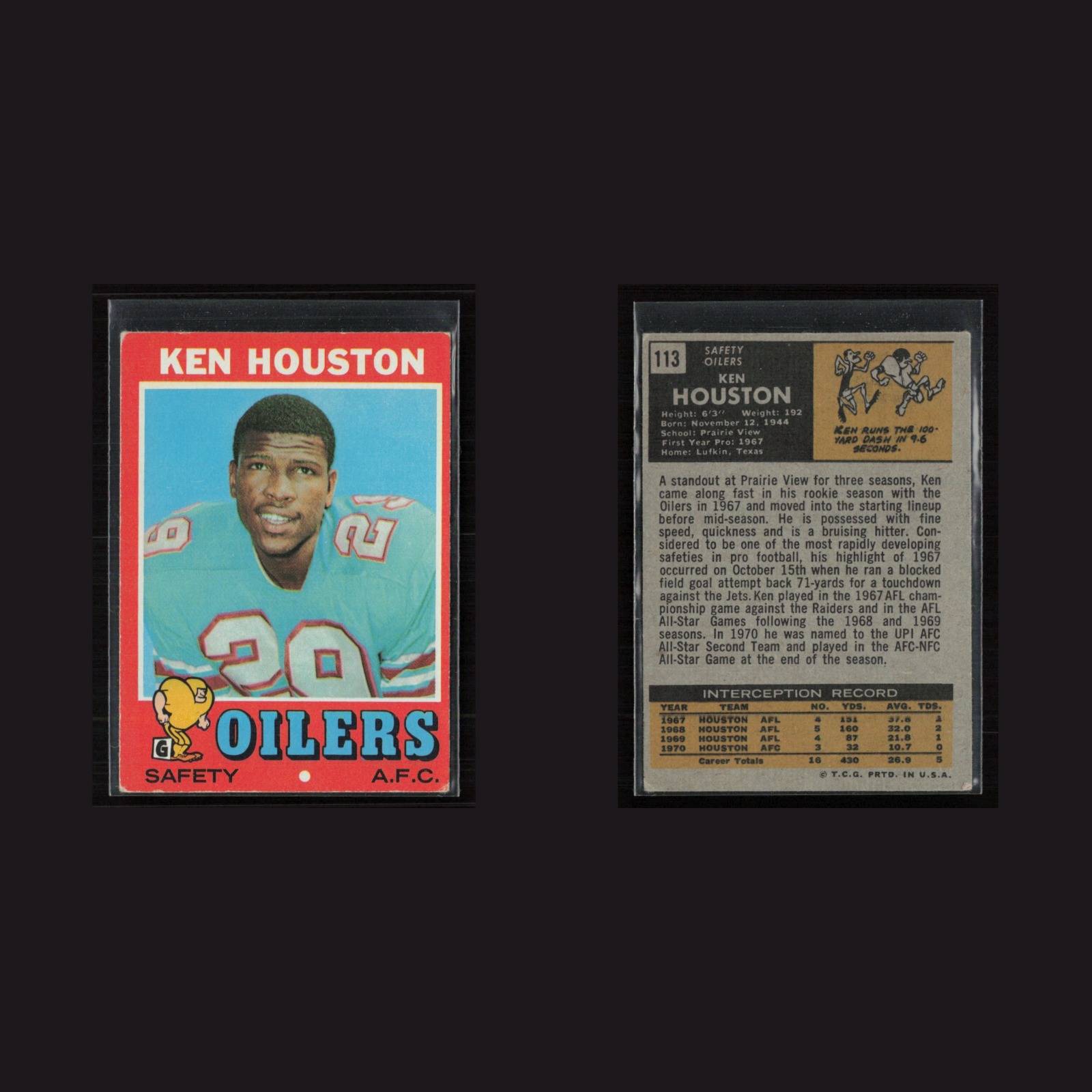 1971 Topps #113 Ken Houston -EX+ Set Break! front and back scans
