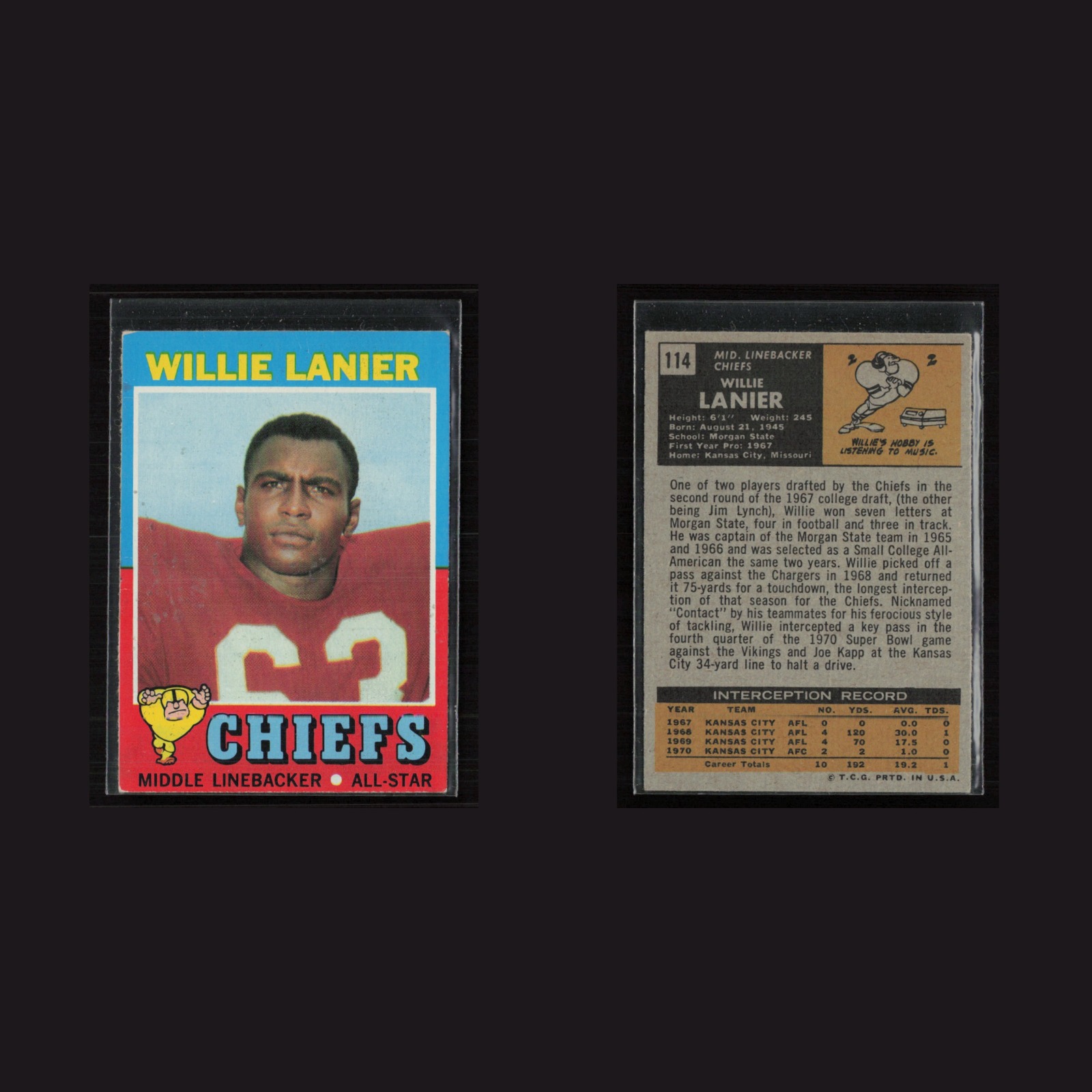 1971 Topps #114 Willie Lanier -EX Set Break! front and back scans
