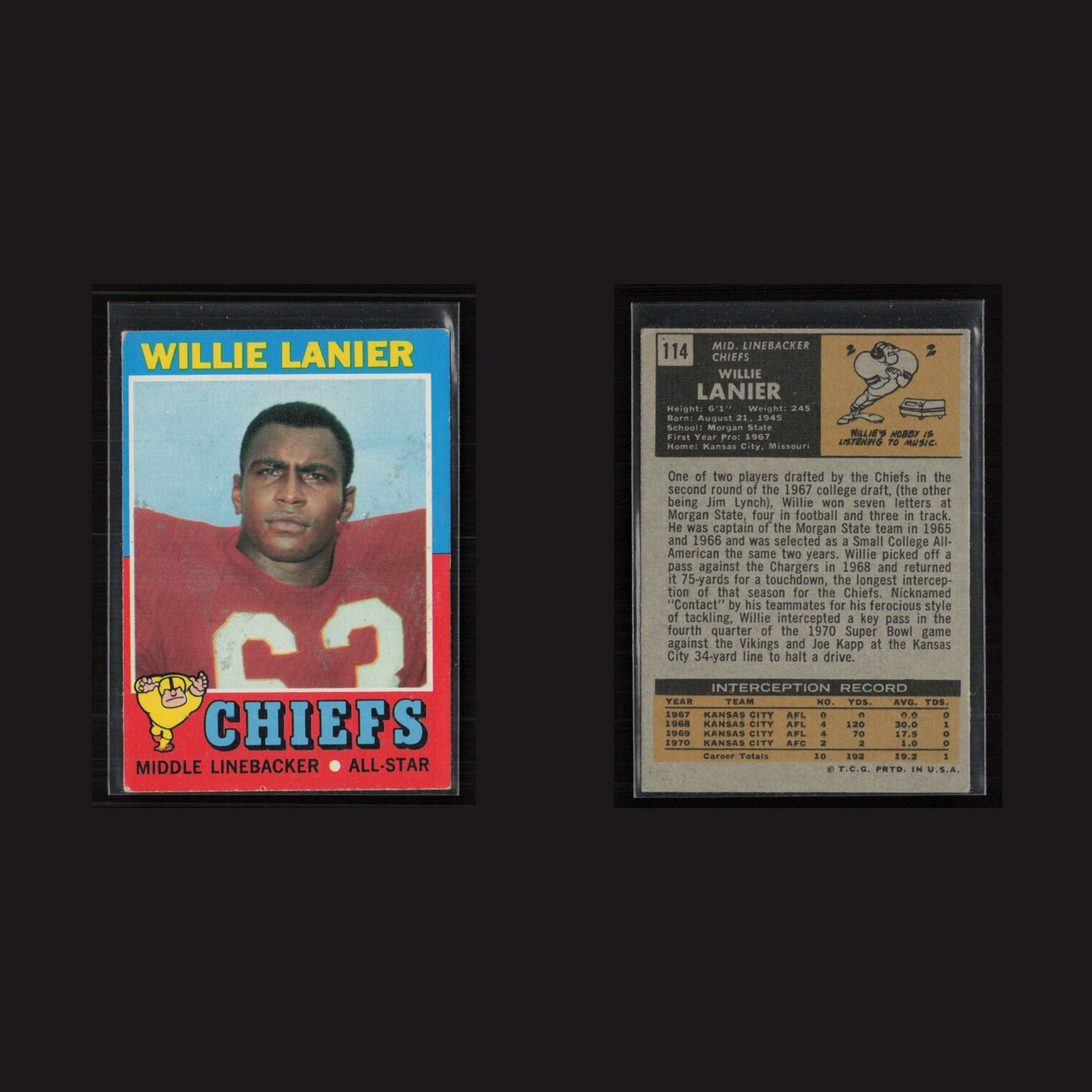 1971 Topps #114 Willie Lanier -EX+ Set Break! front and back scans