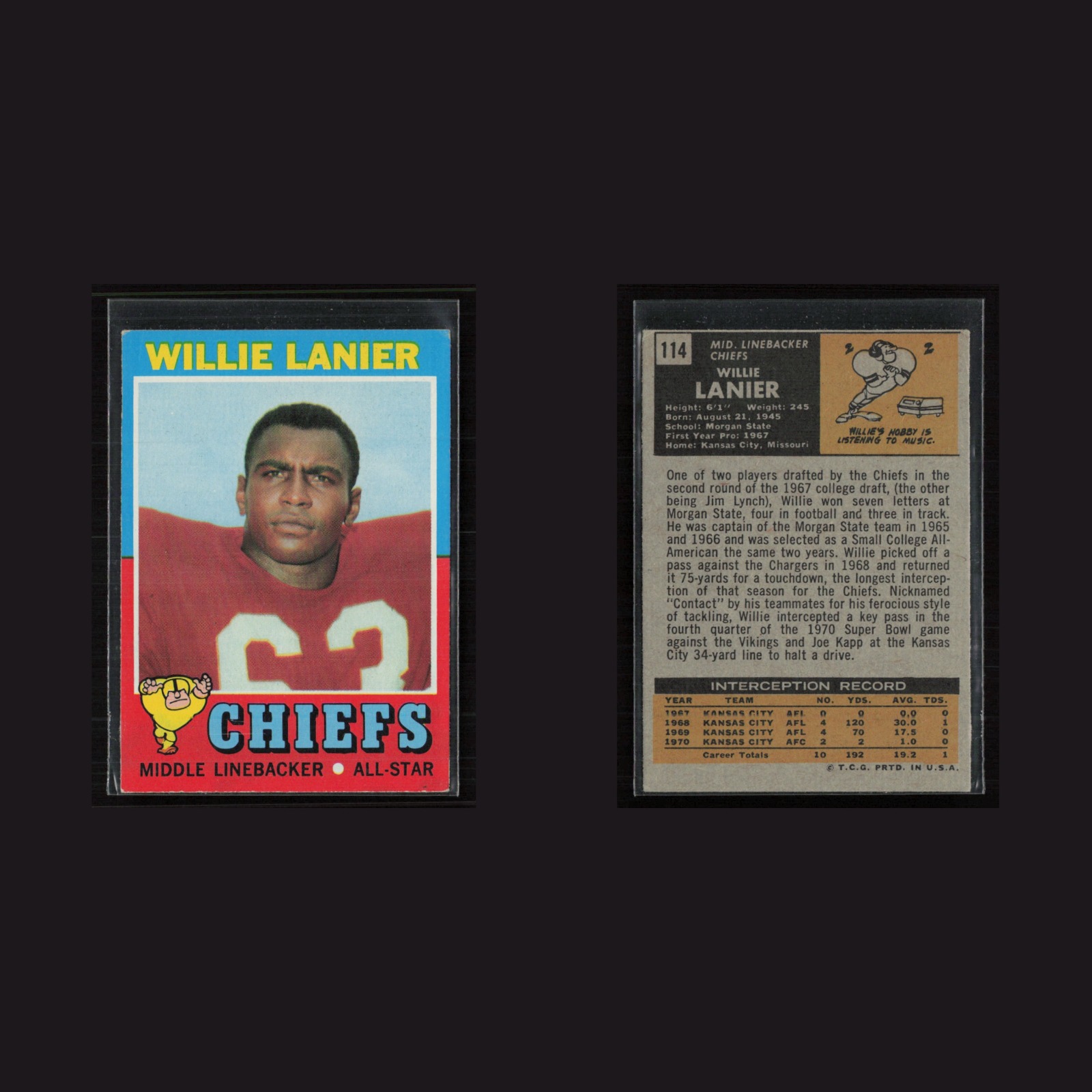 1971 Topps #114 Willie Lanier -EX+ Set Break! front and back scans
