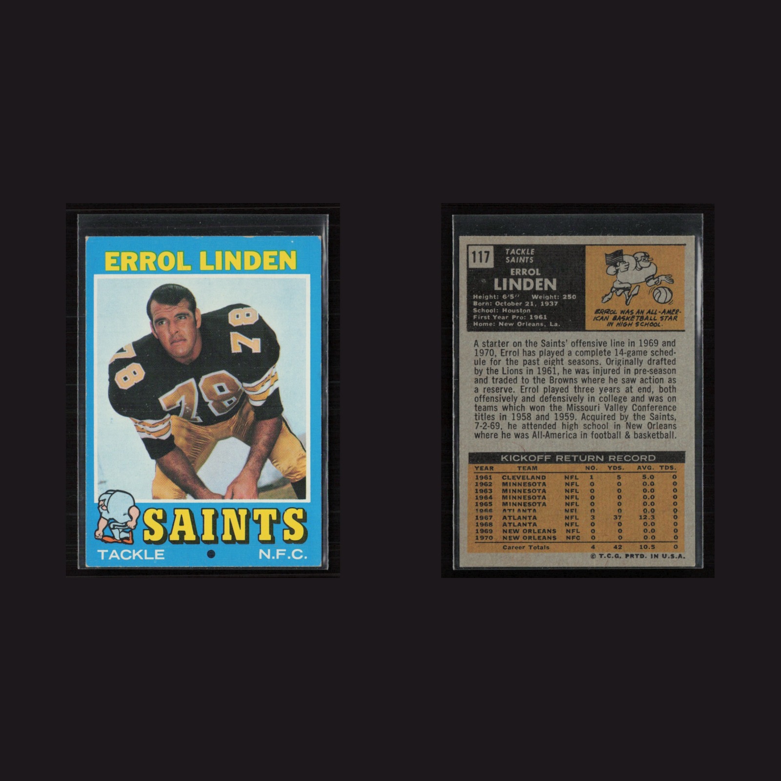 1971 Topps #117 Errol Linden -EX/NM Set Break! front and back scans