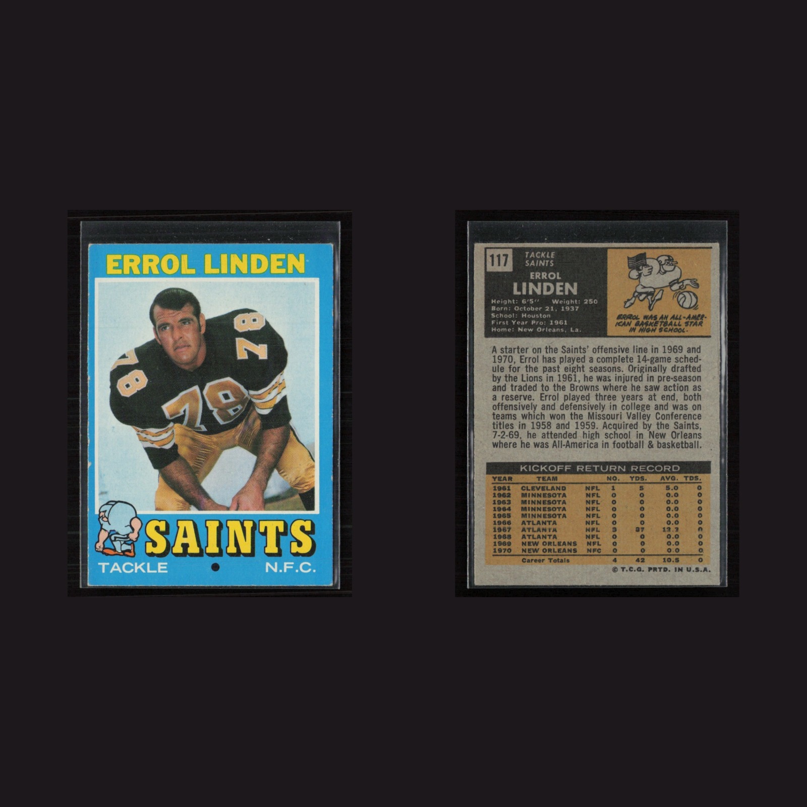 1971 Topps #117 Errol Linden -EX/MT Set Break! front and back scans