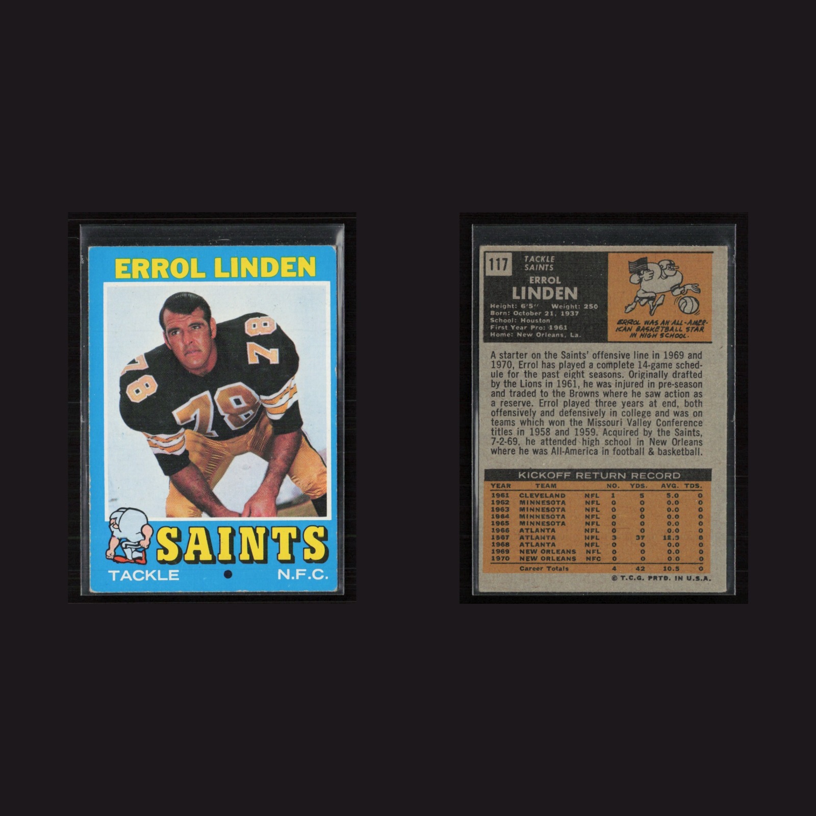 1971 Topps #117 Errol Linden -EX+ Set Break! front and back scans