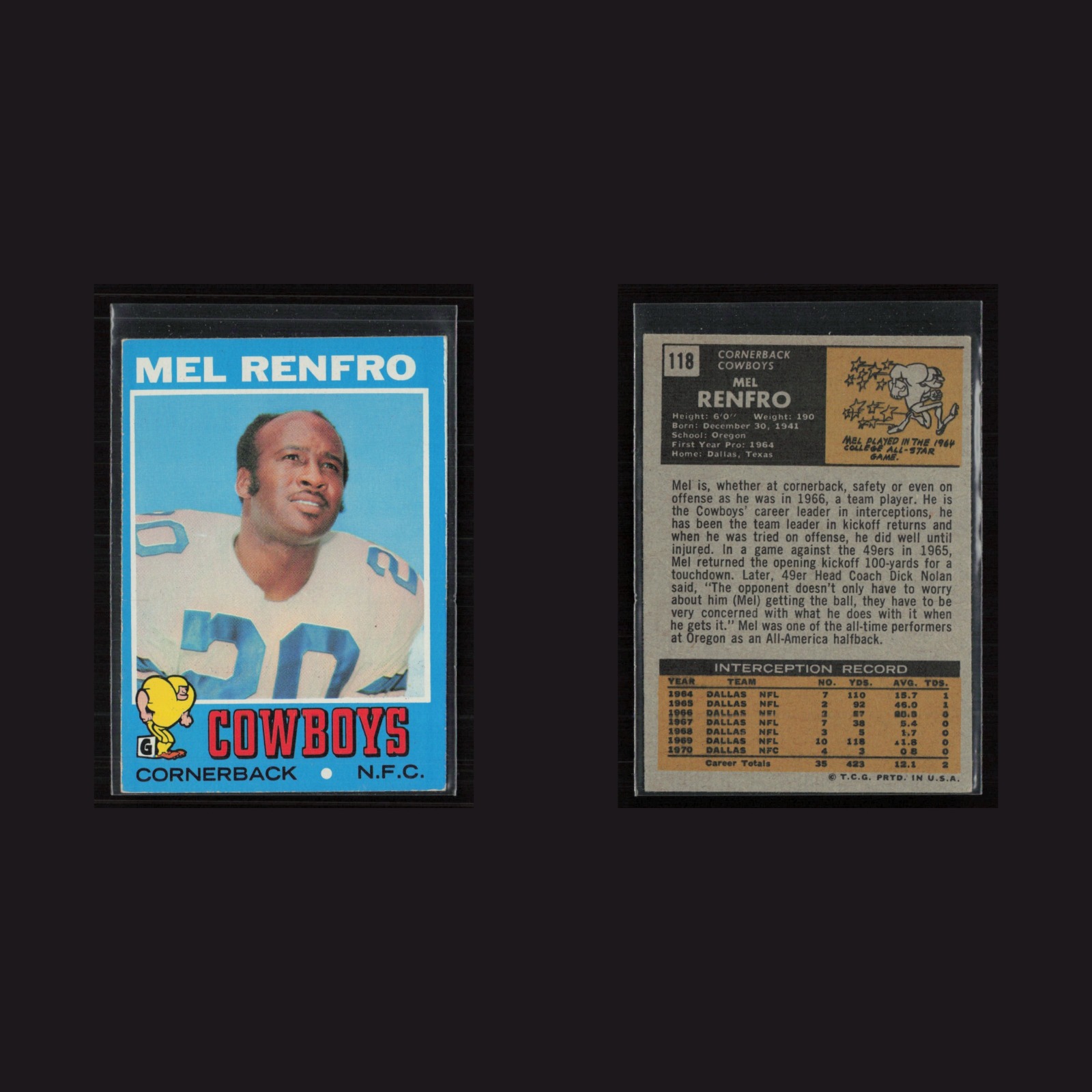 1971 Topps #118 Mel Renfro -EX+ Set Break! front and back scans