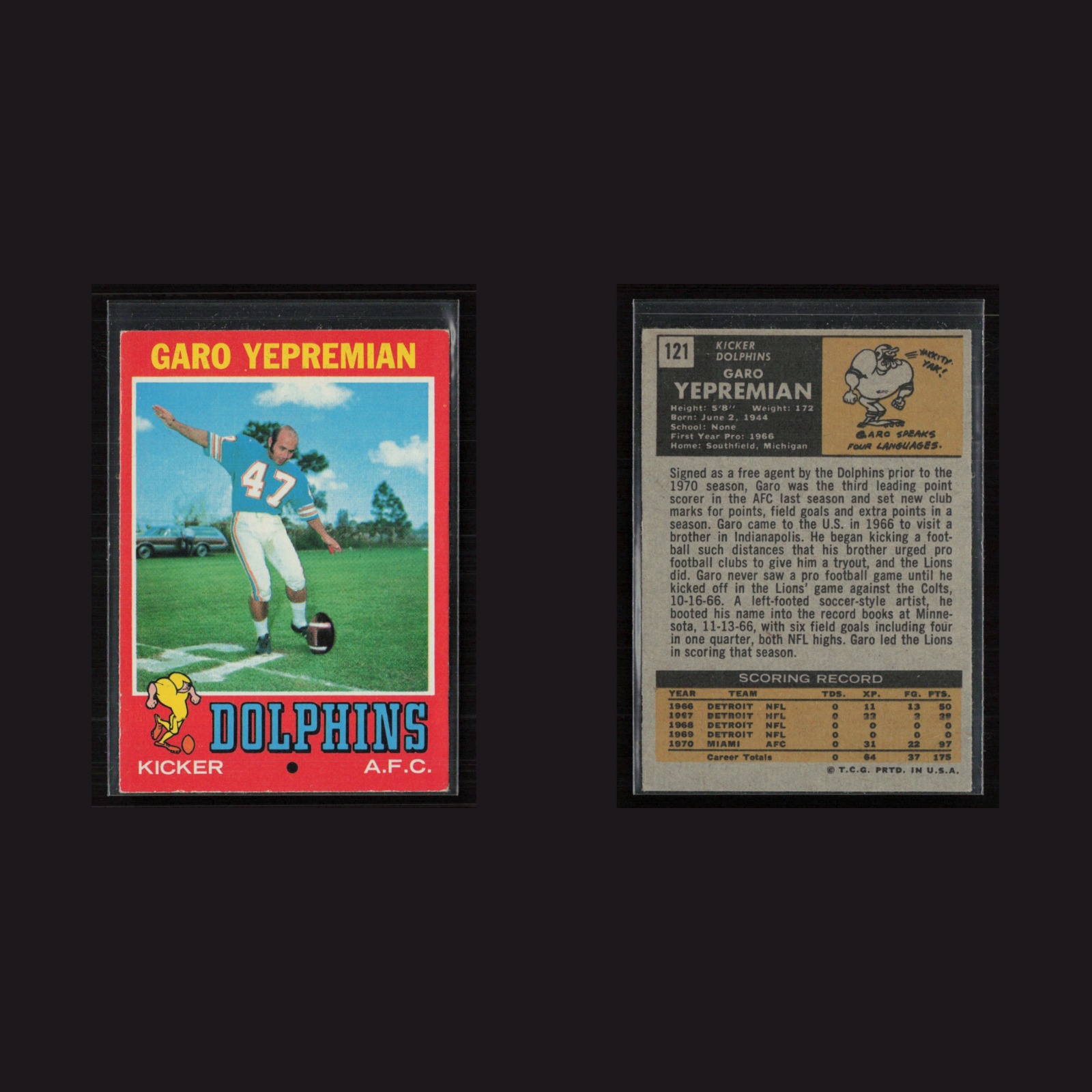 1971 Topps #121 Garo Yepremian -EX/MT Set Break! front and back scans