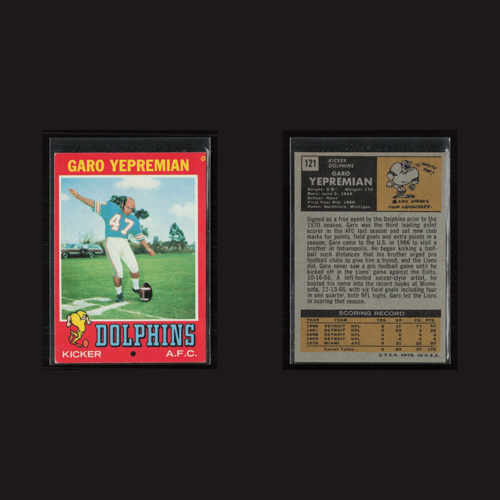 1971 Topps #121 Garo Yepremian -EX+ Set Break! front and back scans