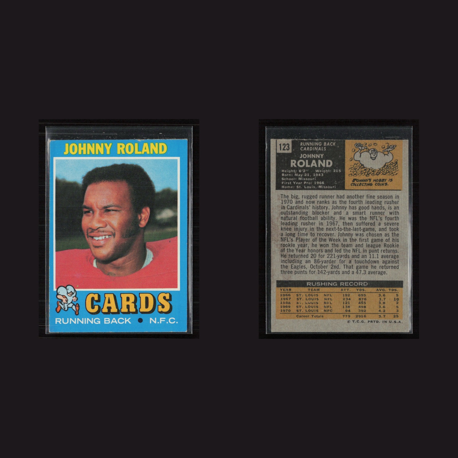 1971 Topps #123 Johnny Roland -EX Set Break! front and back scans
