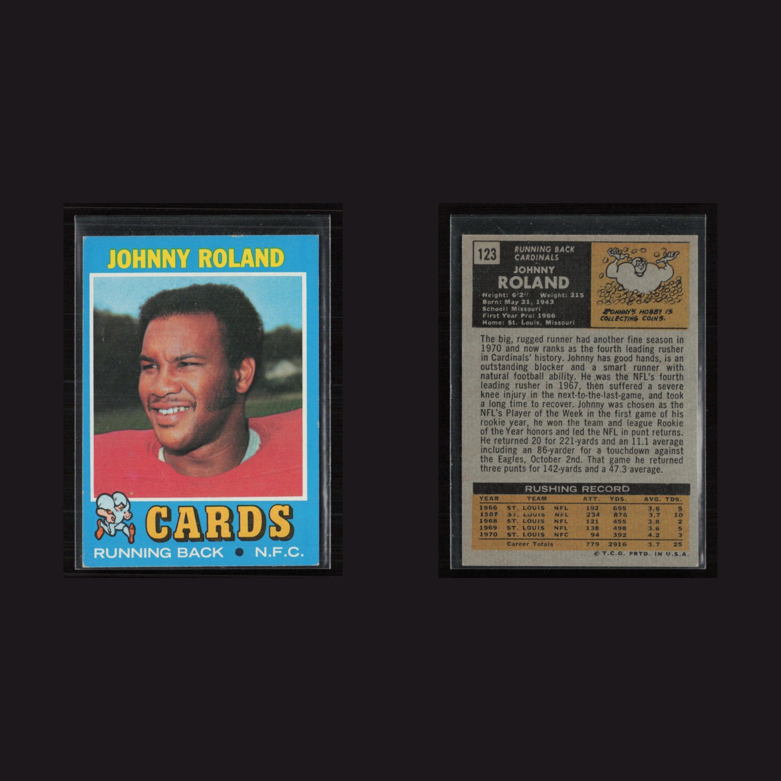 1971 Topps #123 Johnny Roland -EX/NM Set Break! front and back scans