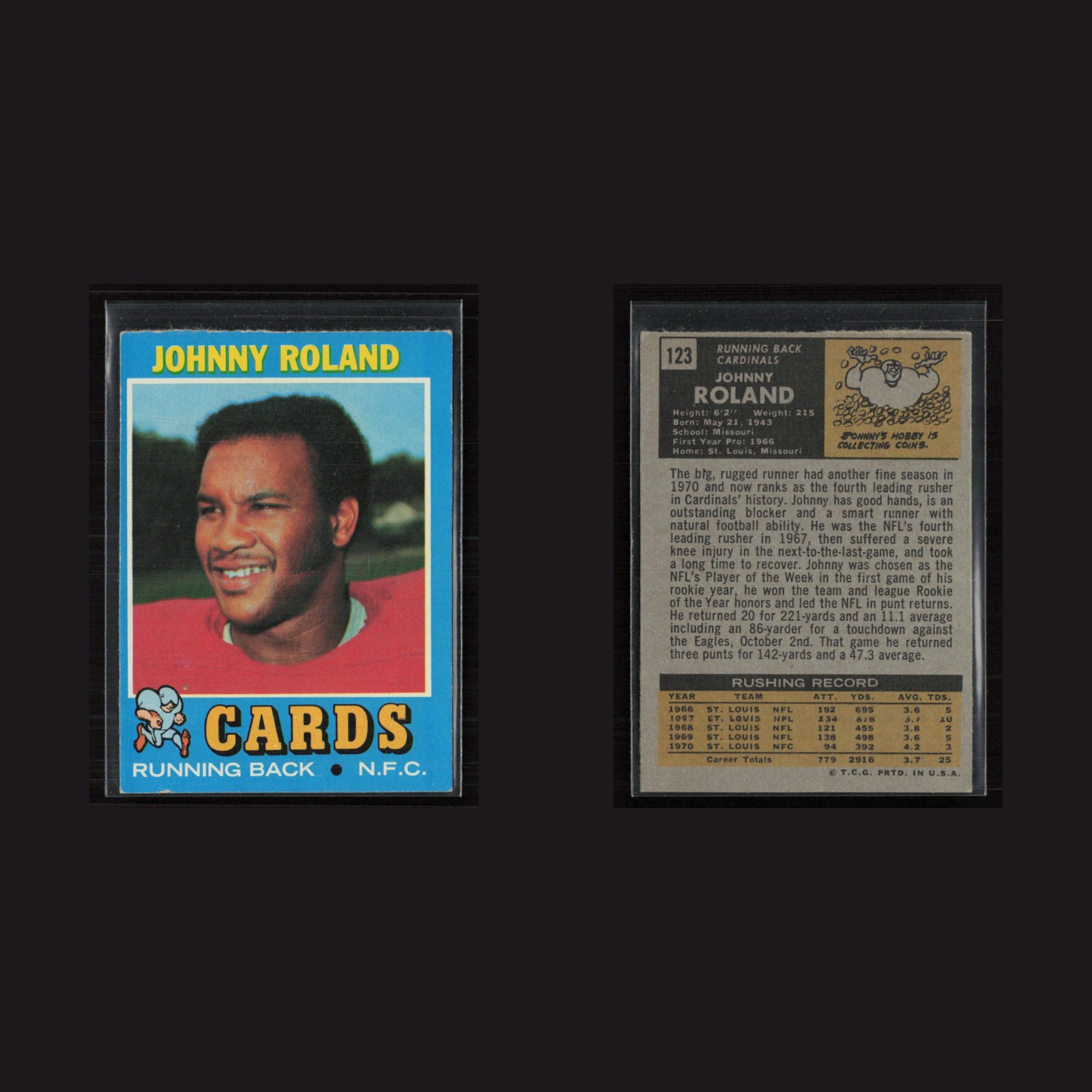 1971 Topps #123 Johnny Roland -EX+ Set Break! front and back scans