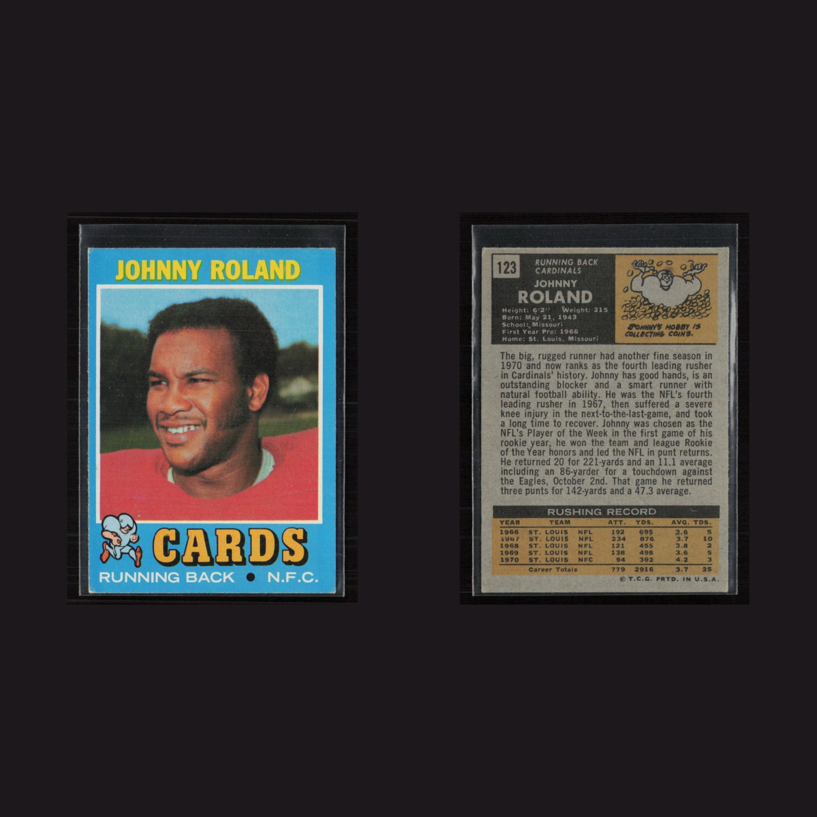 1971 Topps #123 Johnny Roland -EX/MT Set Break! front and back scans