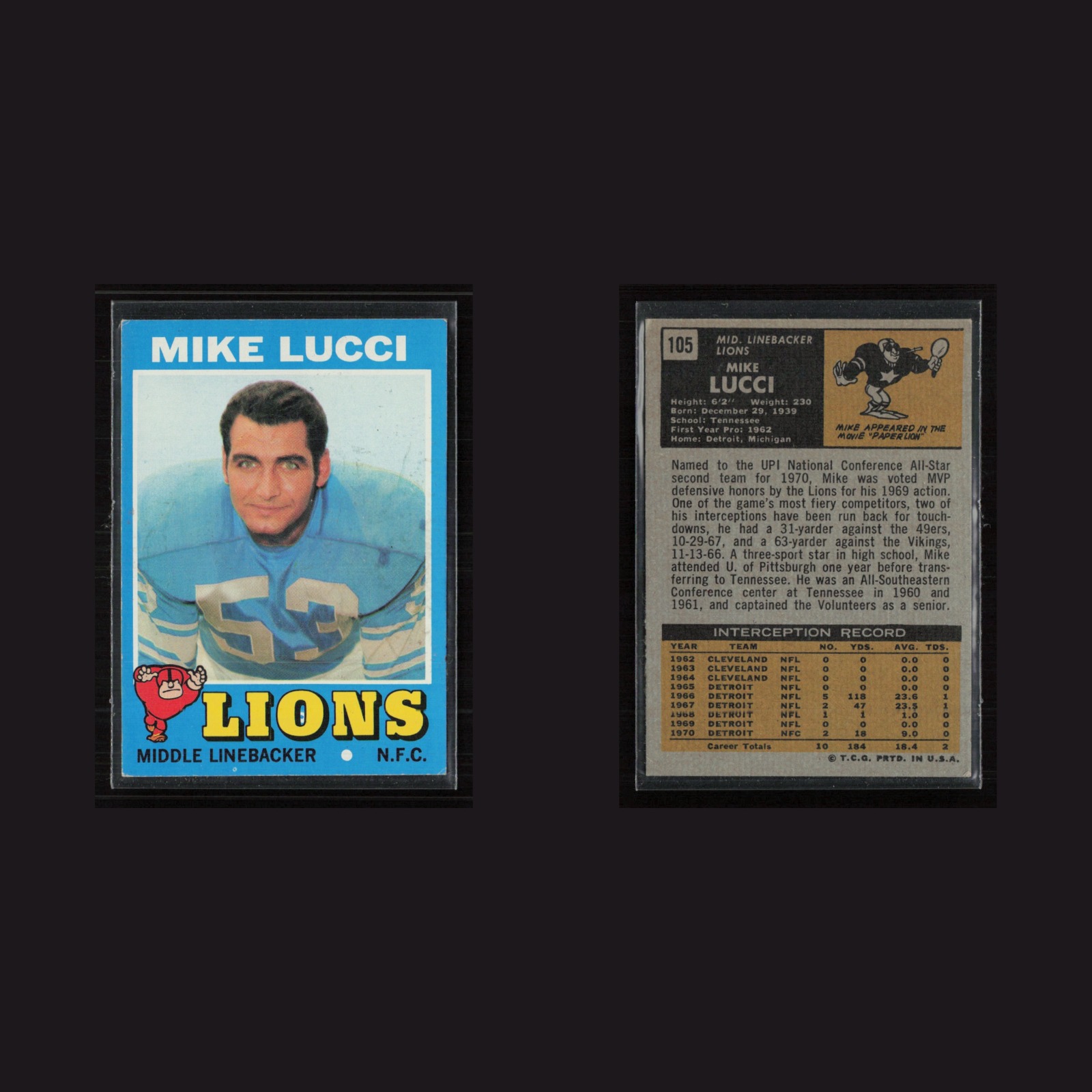 1971 Topps #105 Mike Lucci -EX/NM Set Break! front and back scans