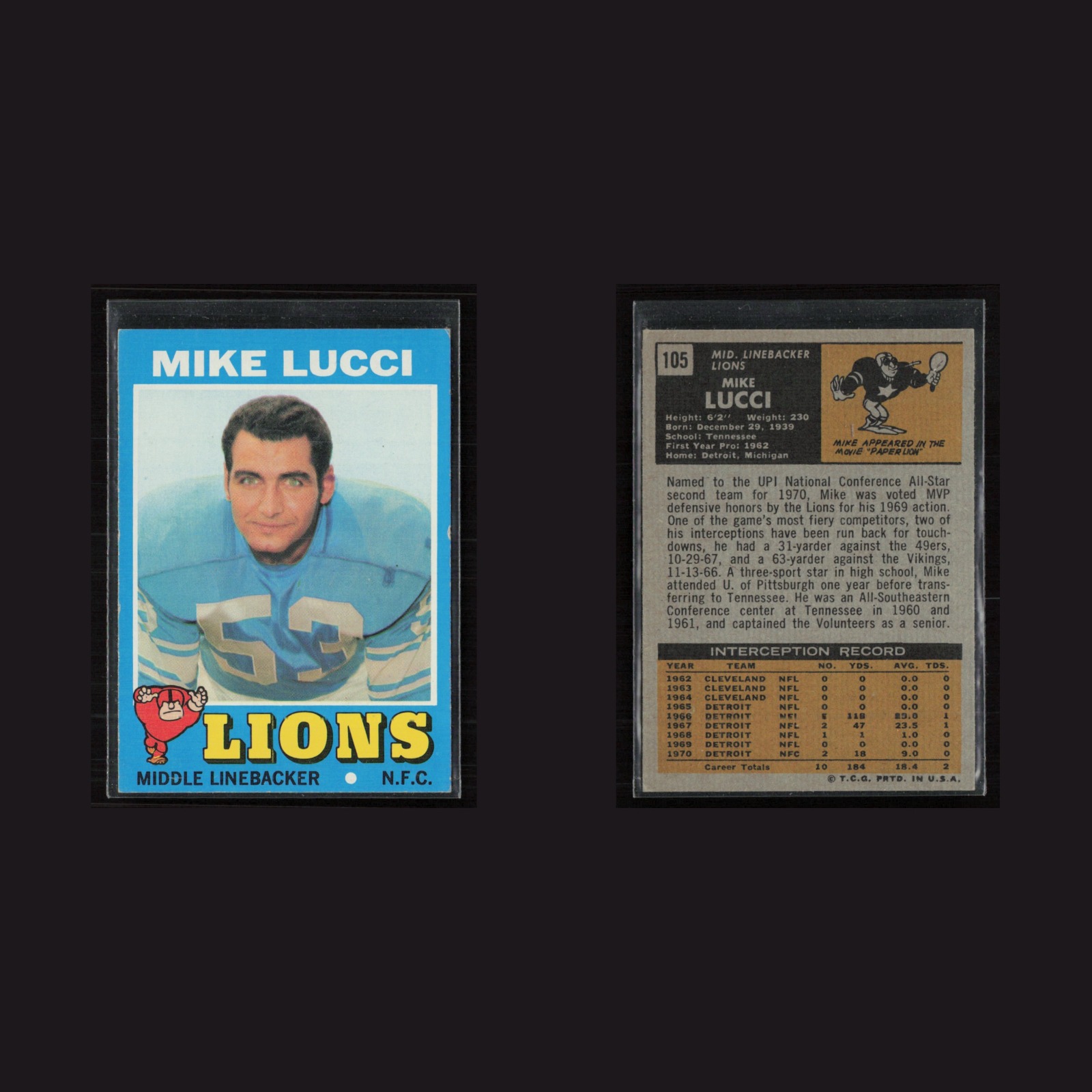 1971 Topps #105 Mike Lucci -EX+ Set Break! front and back scans