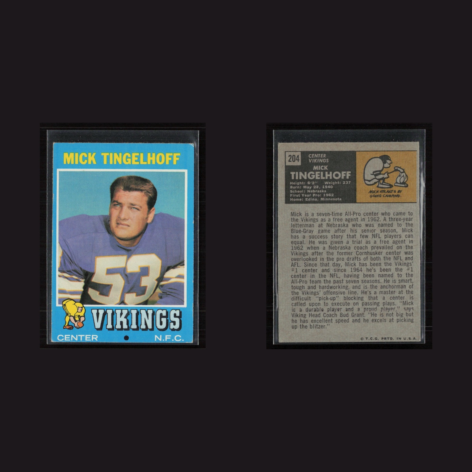 1971 Topps #204 Mick Tingelhoff -EX Set Break! front and back scans