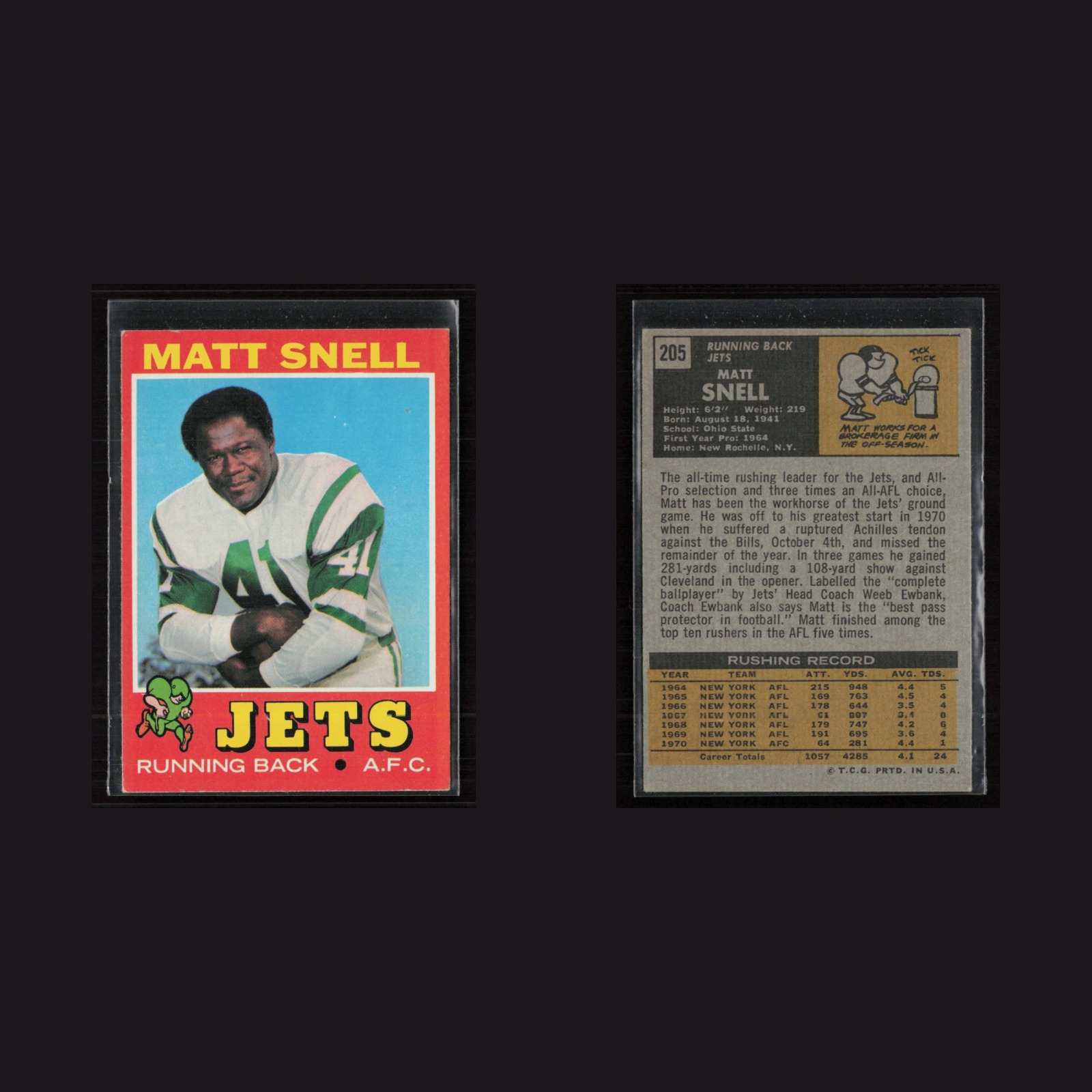 1971 Topps #205 Matt Snell -EX/NM Set Break! front and back scans
