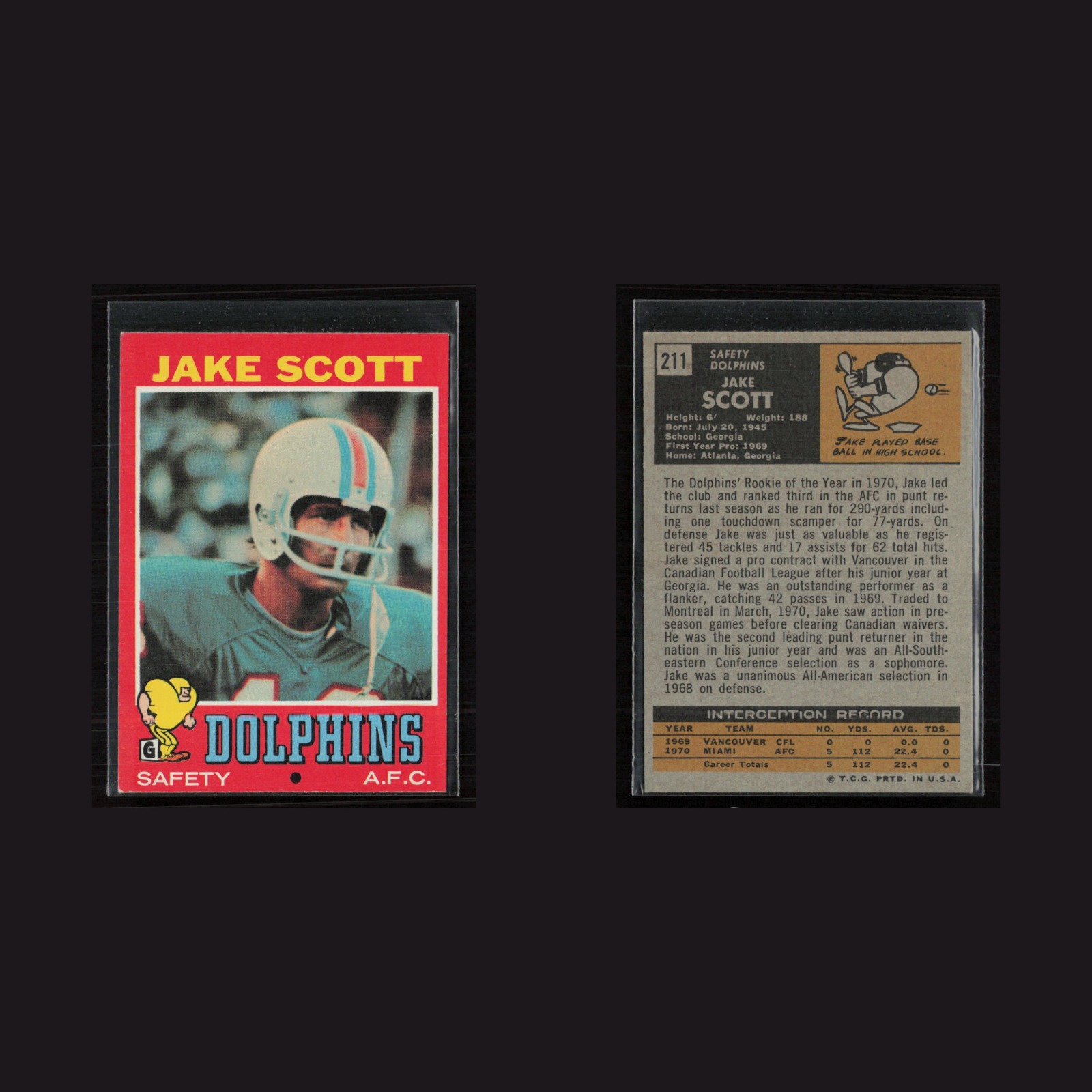 1971 Topps #211 Jake Scott -EX+ Set Break! front and back scans