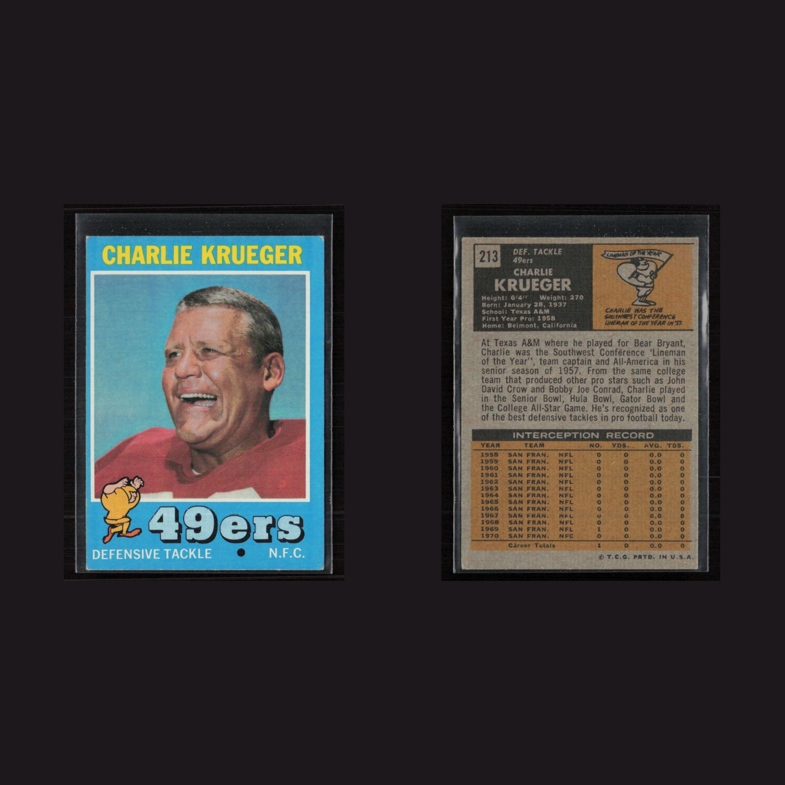 1971 Topps #213 Charlie Krueger -EX Set Break! front and back scans