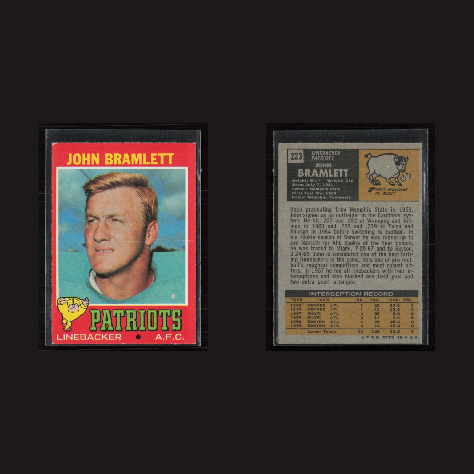 1971 Topps #223 John Bramlett -EX+ Set Break! front and back scans