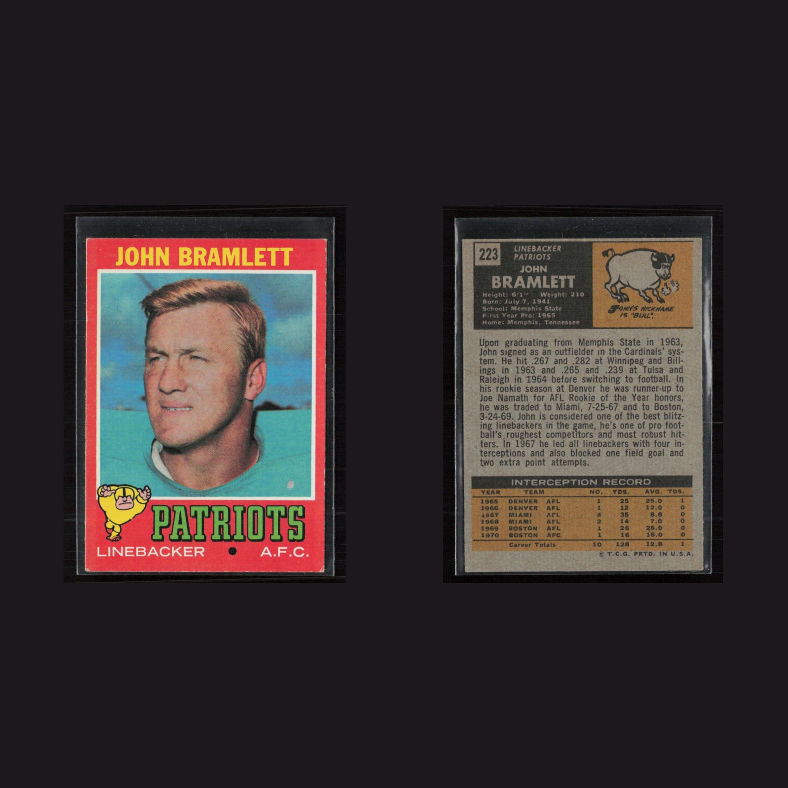 1971 Topps #223 John Bramlett -EX/MT Set Break! front and back scans