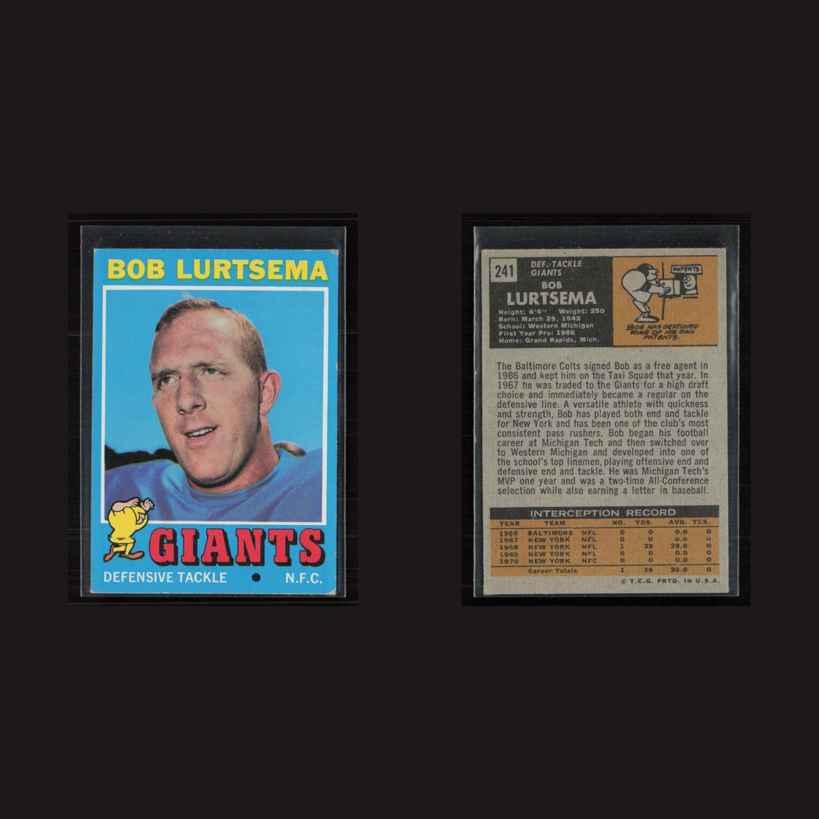 1971 Topps #241 Bob Lurtsema -EX/NM Set Break! front and back scans