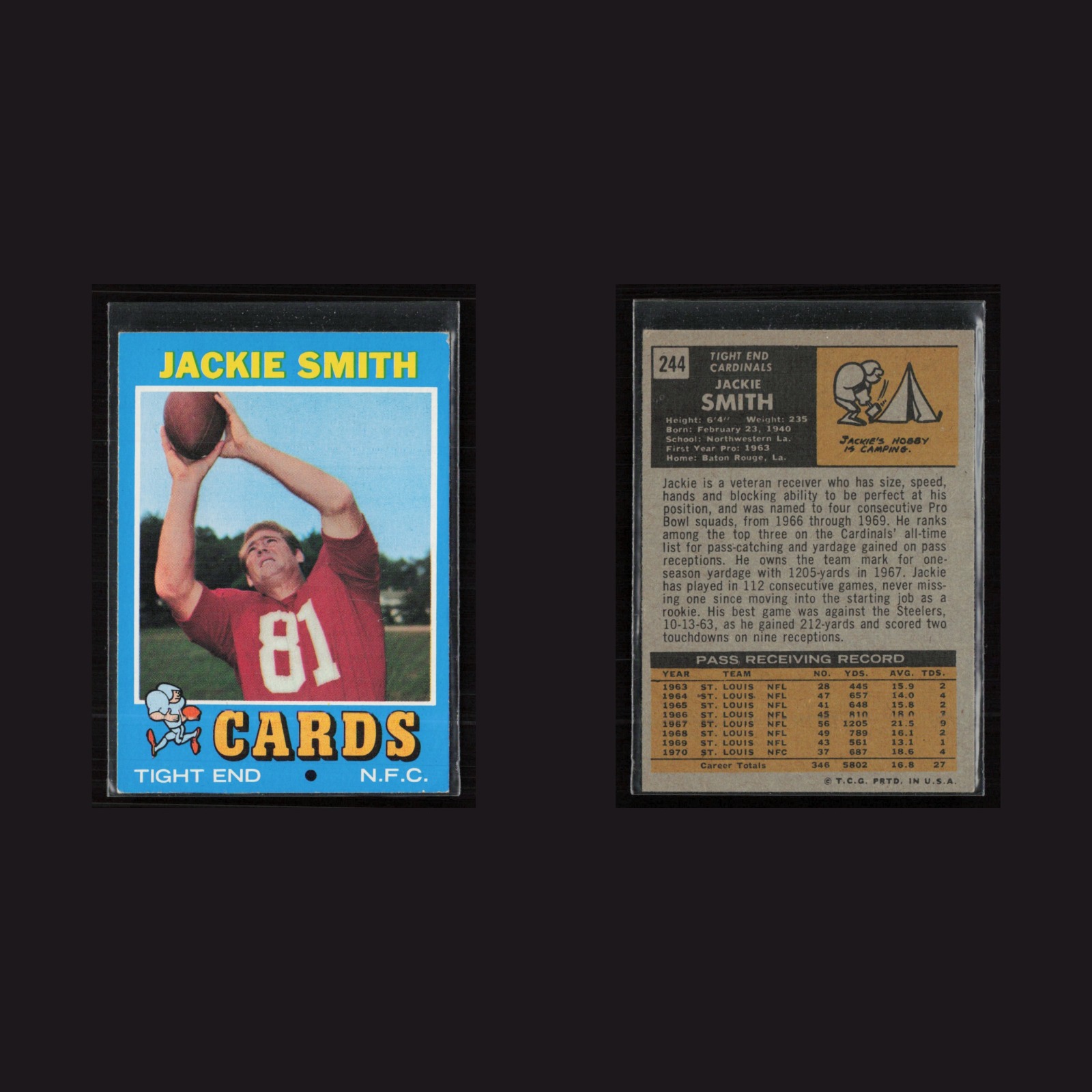 1971 Topps #244 Jackie Smith -EX/MT Set Break! front and back scans