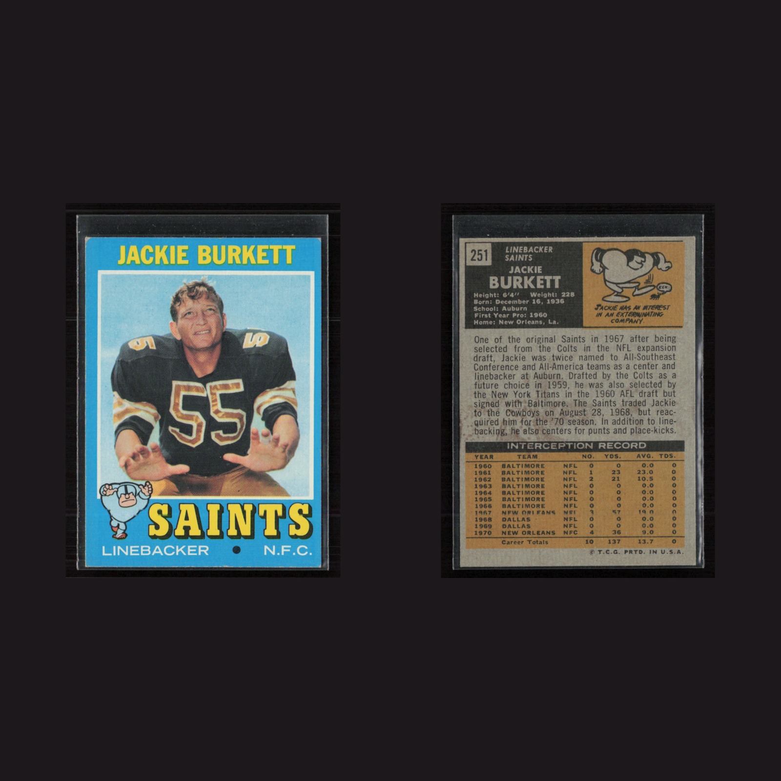 1971 Topps #251 Jackie Burkett -EX/MT Set Break! front and back scans