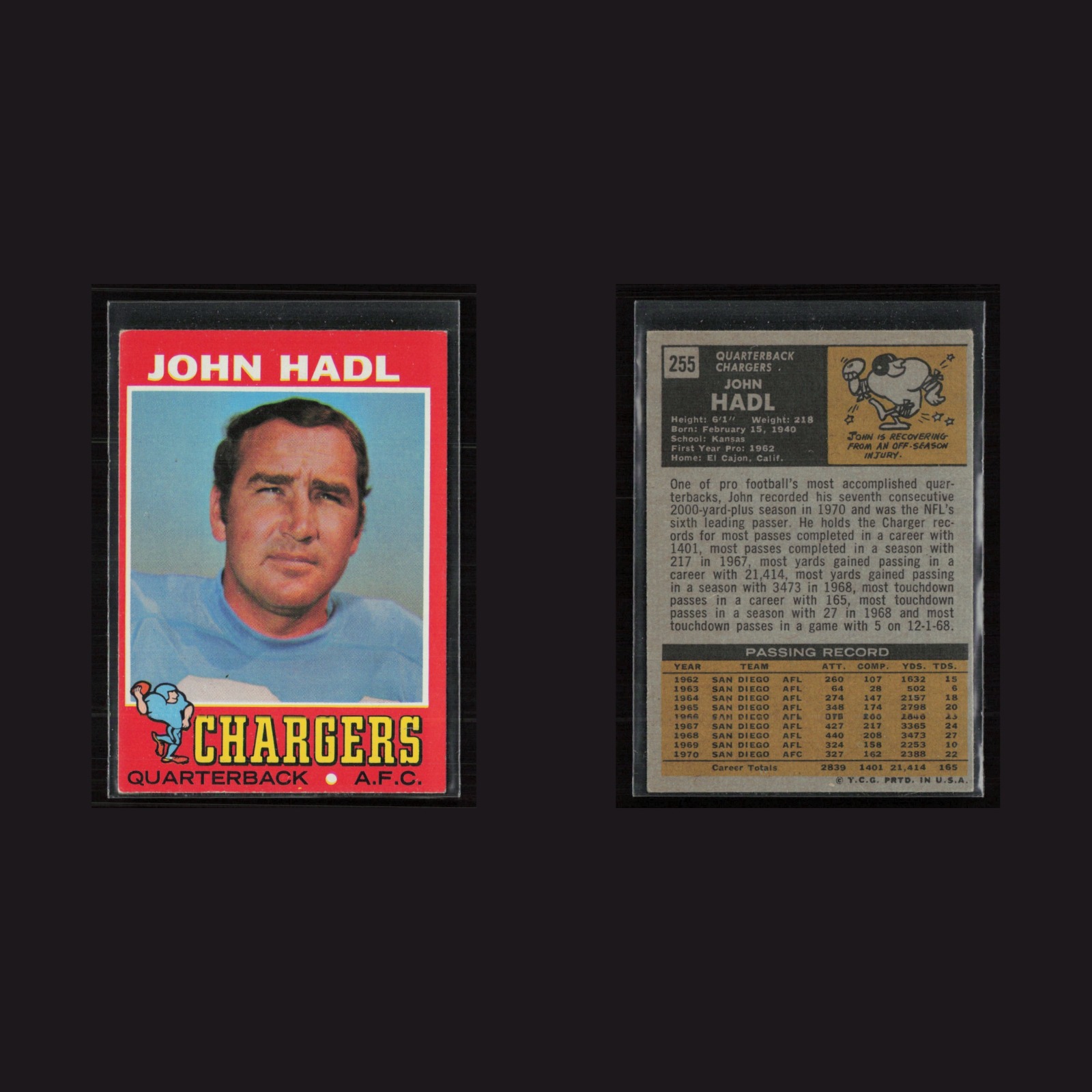 1971 Topps #255 John Hadl -EX+ Set Break! front and back scans