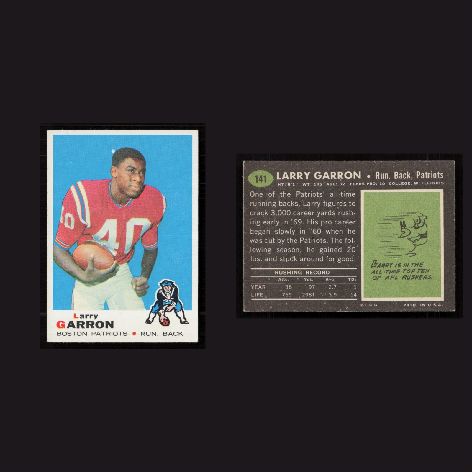 1969 Larry Garron #141 EX-EXMINT Topps Boston Patriots Vintage Football Card NFL front and back scans. Card condition is as shown in the scans.