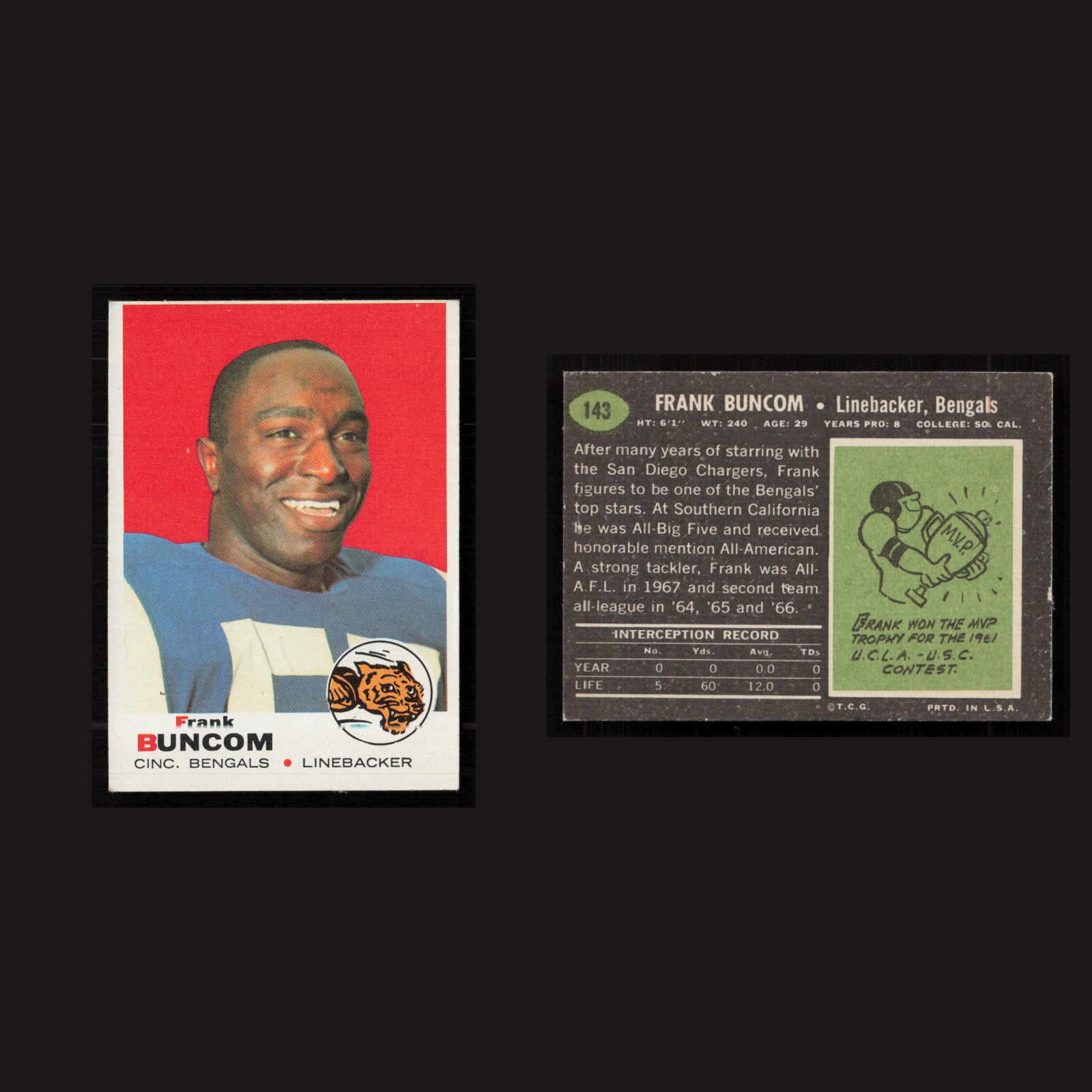 1969 Frank Buncom #143 EX Topps Cincinnati Bengals Vintage Football Card NFL front and back scans. Card condition is as shown in the scans.