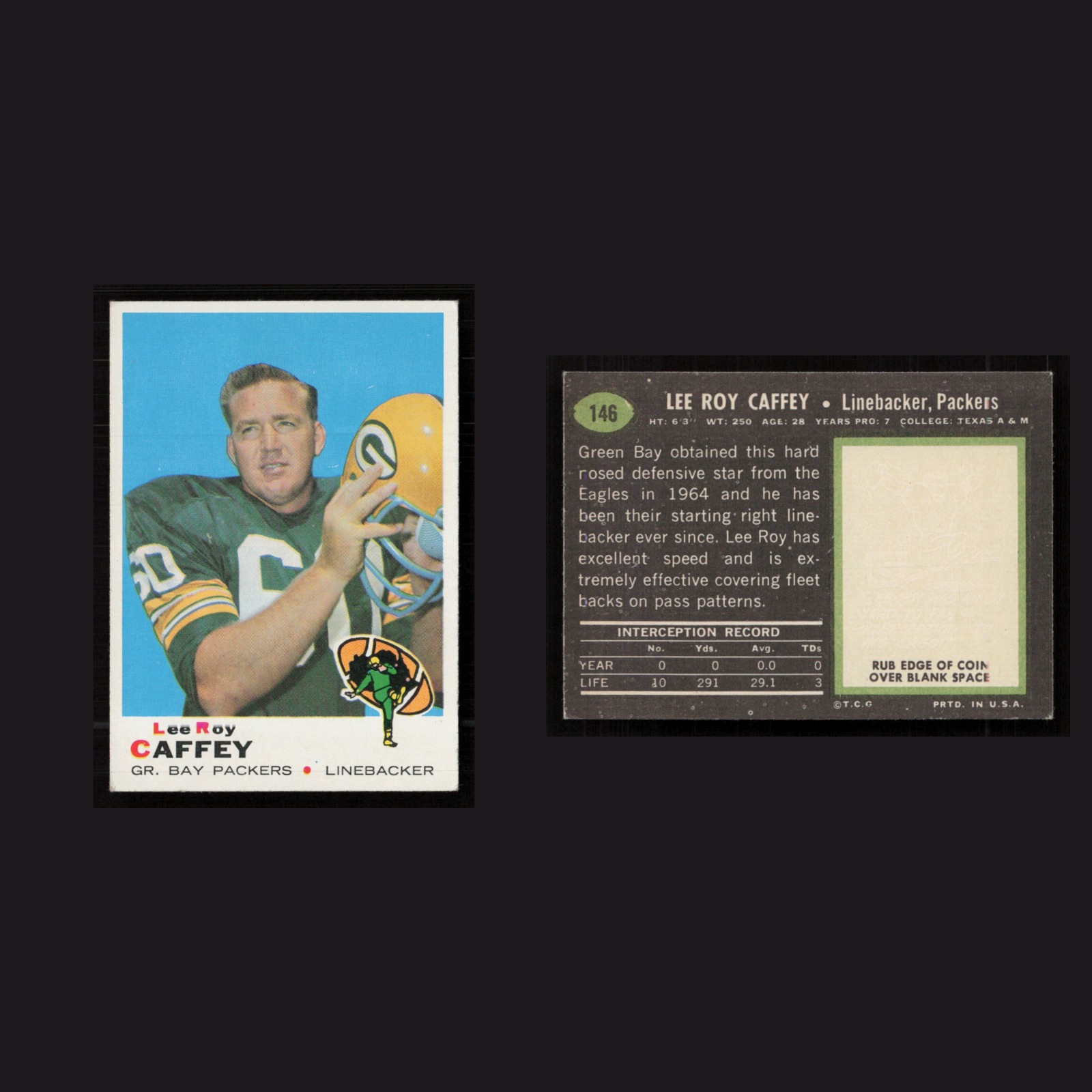 1969 Lee Roy Caffey #146 EX-EXMINT Topps Green Bay Packers Vintage Football Card front and back scans. Card condition is as shown in the scans.