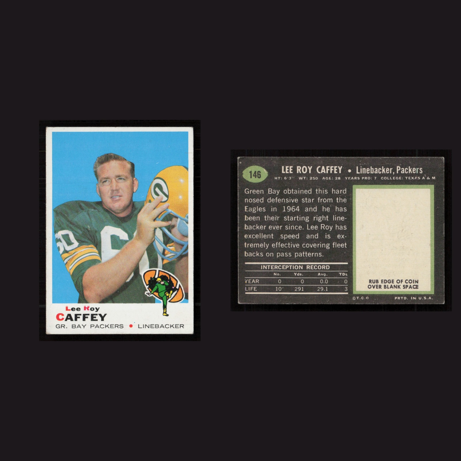 1969 Lee Roy Caffey #146 EX-EXMINT Topps Green Bay Packers Vintage Football Card front and back scans. Card condition is as shown in the scans.