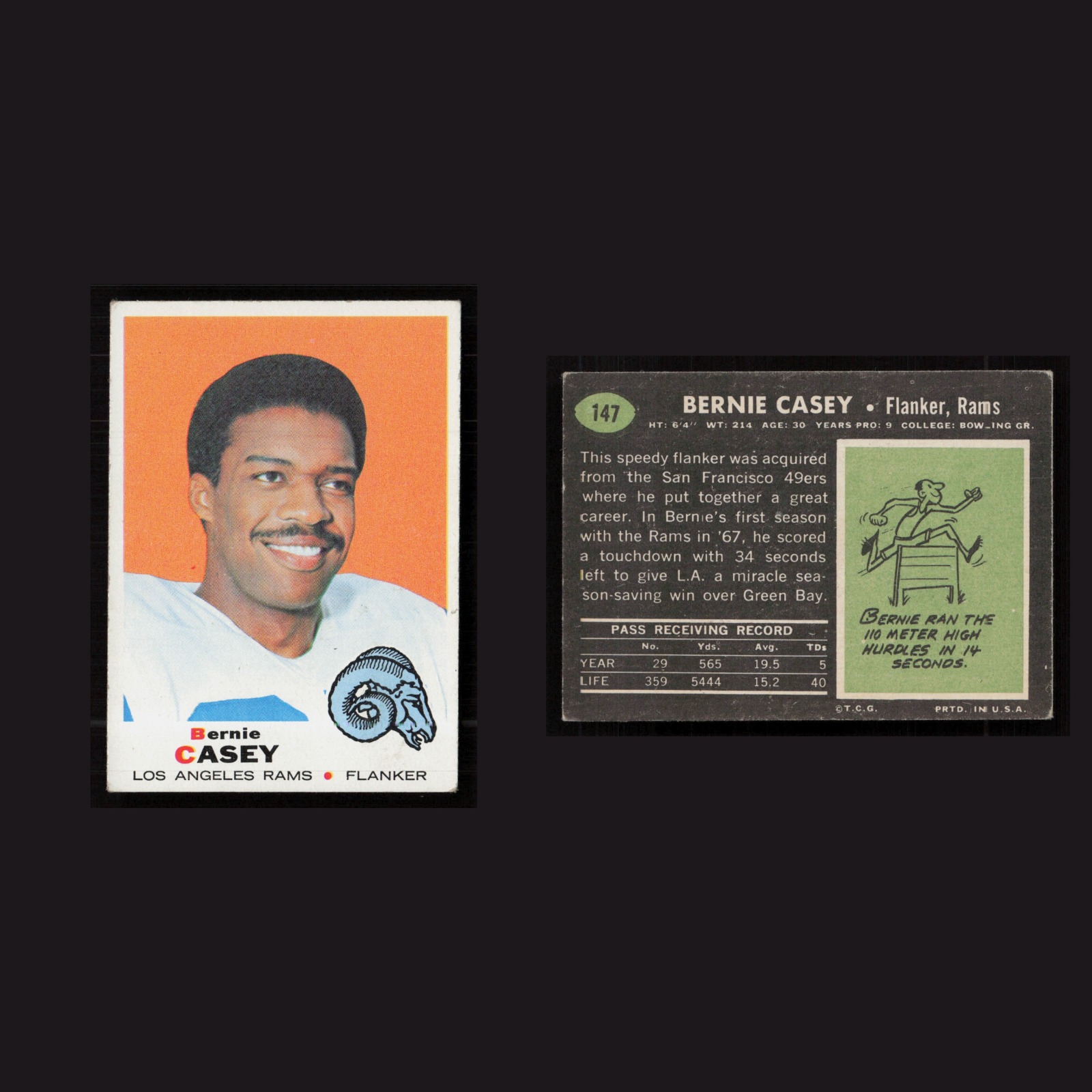 1969 Bernie Casey #147 EX-EXMINT Topps Los Angeles Rams Vintage Football Card front and back scans. Card condition is as shown in the scans.