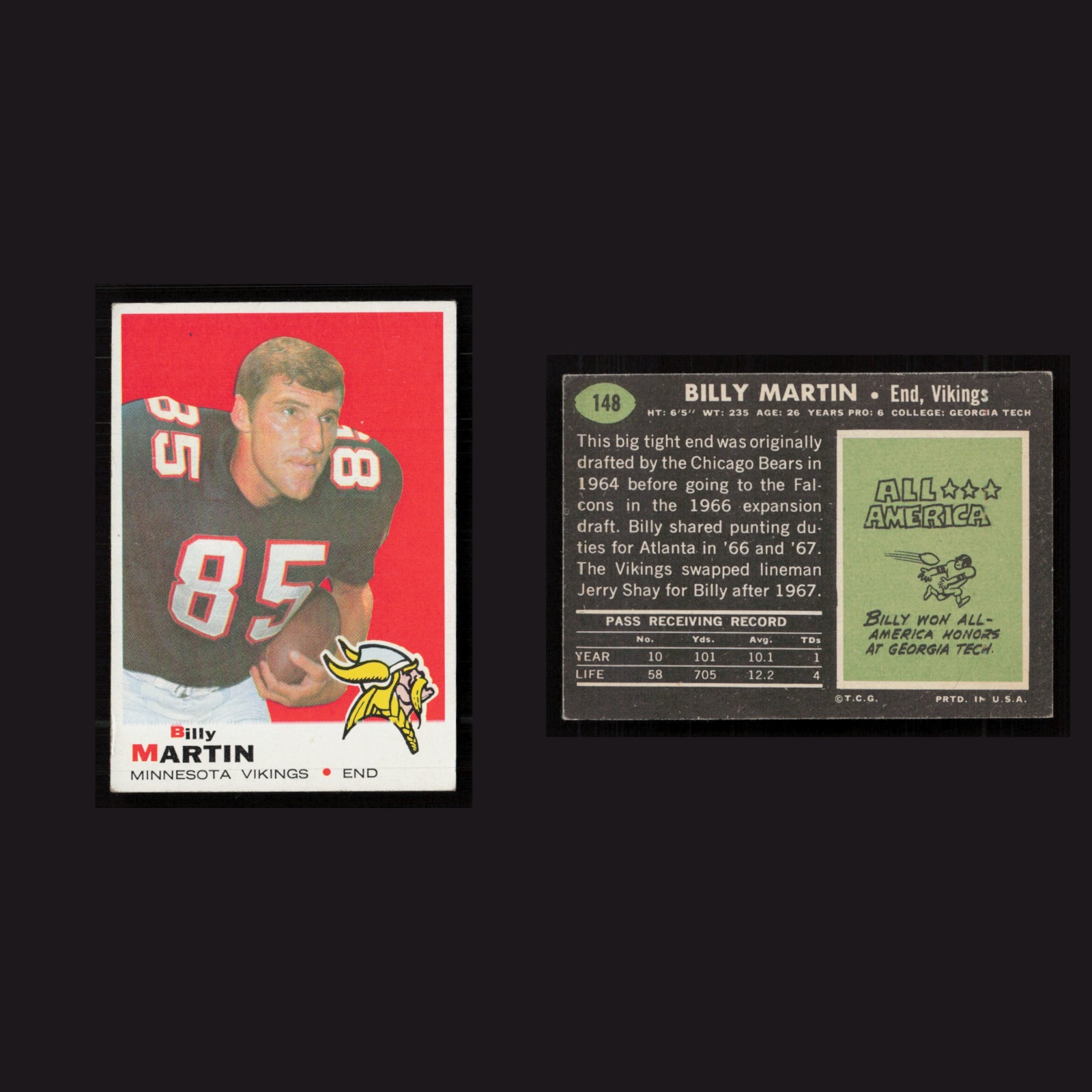1969 Billy Martin #148 EX-EXMINT Topps Minnesota Vikings Vintage Football Card front and back scans. Card condition is as shown in the scans.