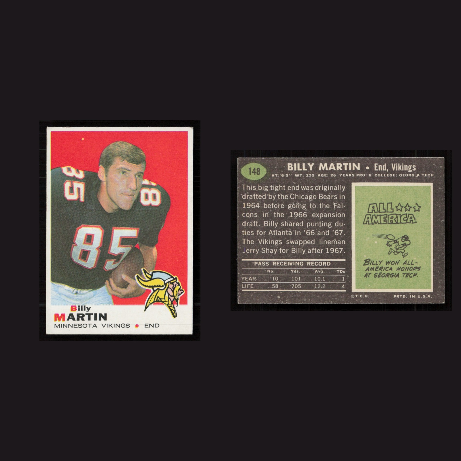 1969 Billy Martin #148 EX-EXMINT Topps Minnesota Vikings Vintage Football Card front and back scans. Card condition is as shown in the scans.