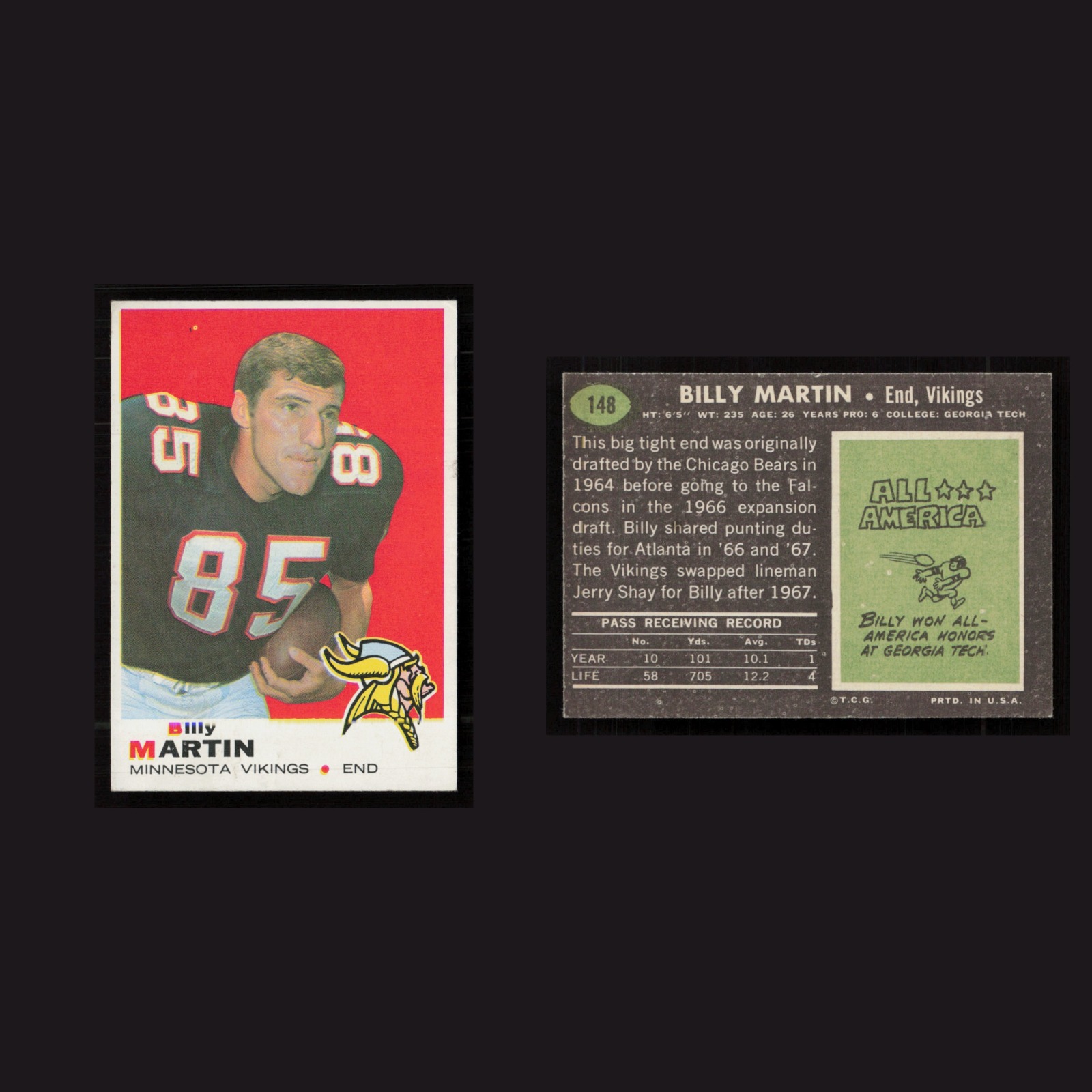 1969 Billy Martin #148 EX-EXMINT Topps Minnesota Vikings Vintage Football Card front and back scans. Card condition is as shown in the scans.