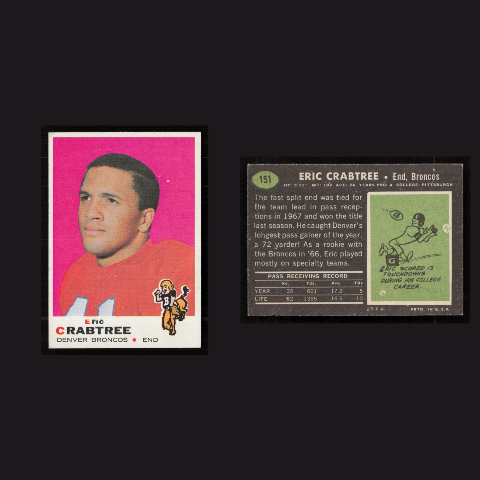 1969 Eric Crabtree #151 EX Topps Denver Broncos Vintage Football Card Set-Break front and back scans. Card condition is as shown in the scans.