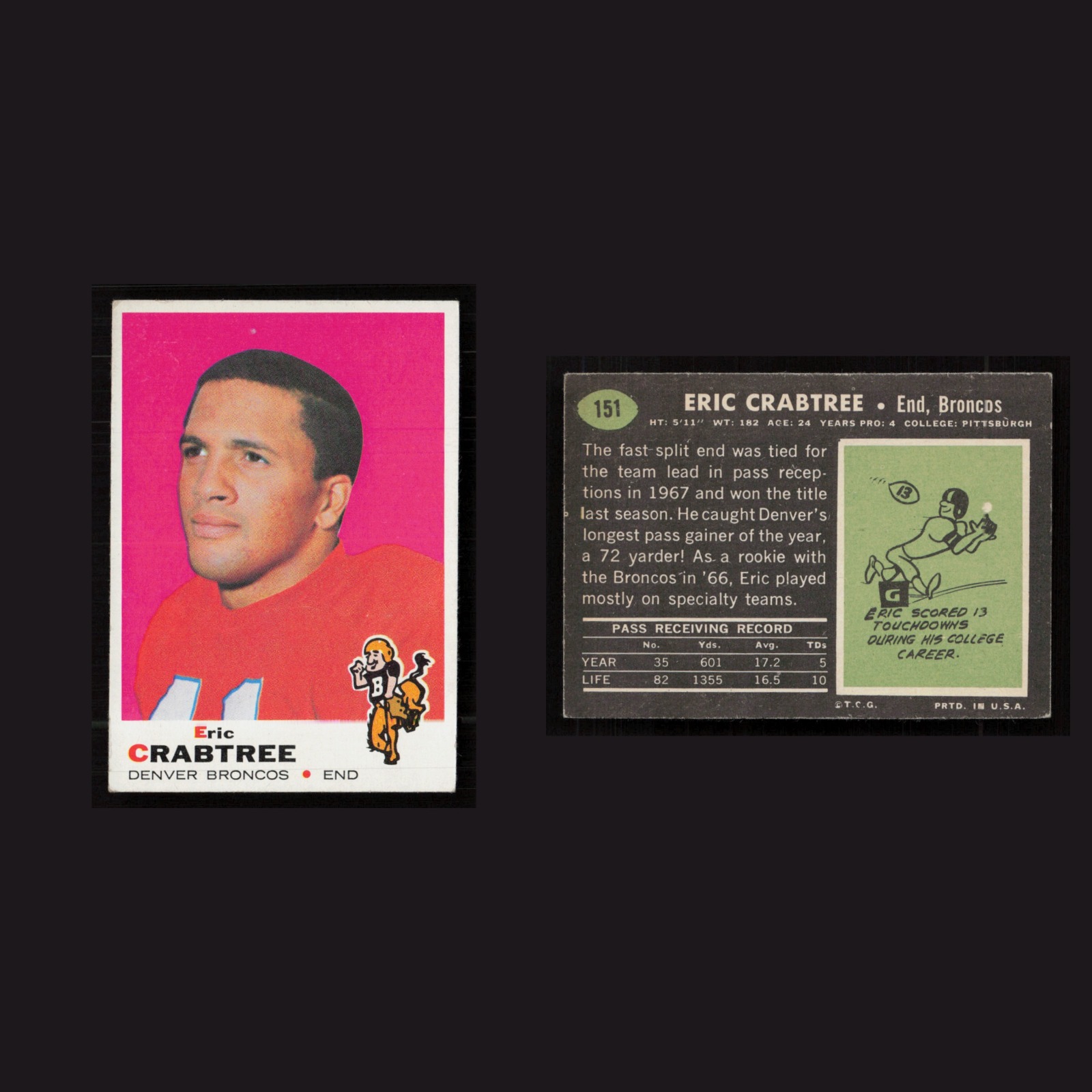 1969 Eric Crabtree #151 EX-EXMINT Topps Denver Broncos Vintage Football Card NFL front and back scans. Card condition is as shown in the scans.