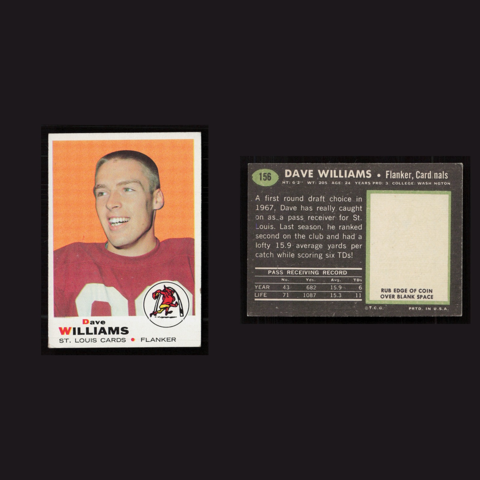 1969 Dave Williams #156 EX-EXMINT Topps St. Louis Cardinals Vintage Football NFL front and back scans. Card condition is as shown in the scans.